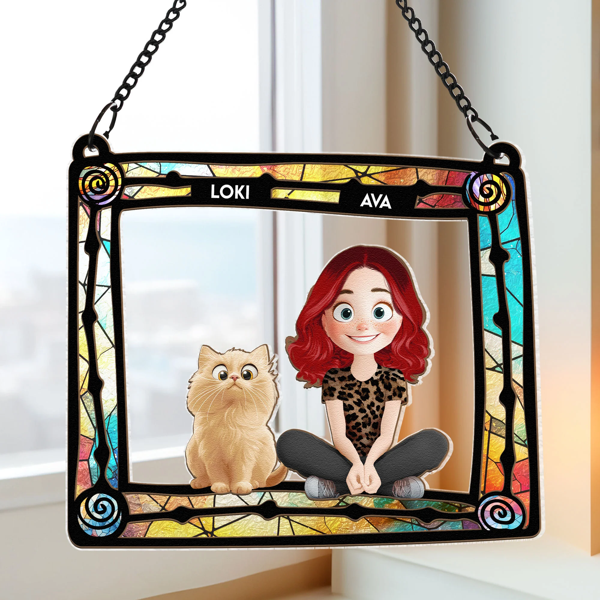 Cat Mom And Her Cats - Personalized Window Hanging Suncatcher Ornament - Image 3