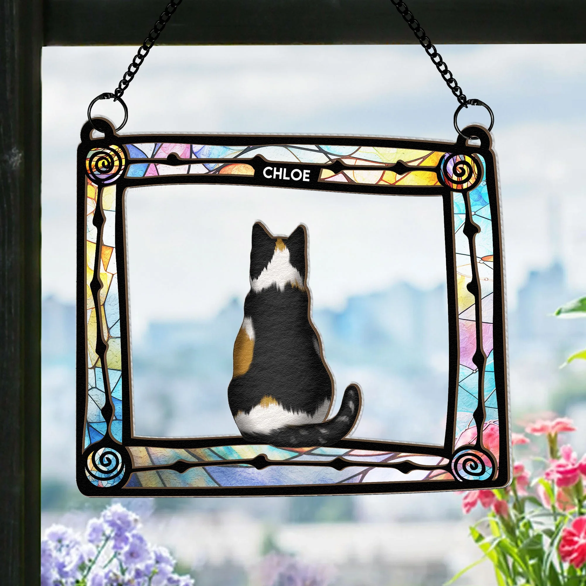 Cat Sitting In Frame - Personalized Window Hanging Suncatcher Ornament - Image 2