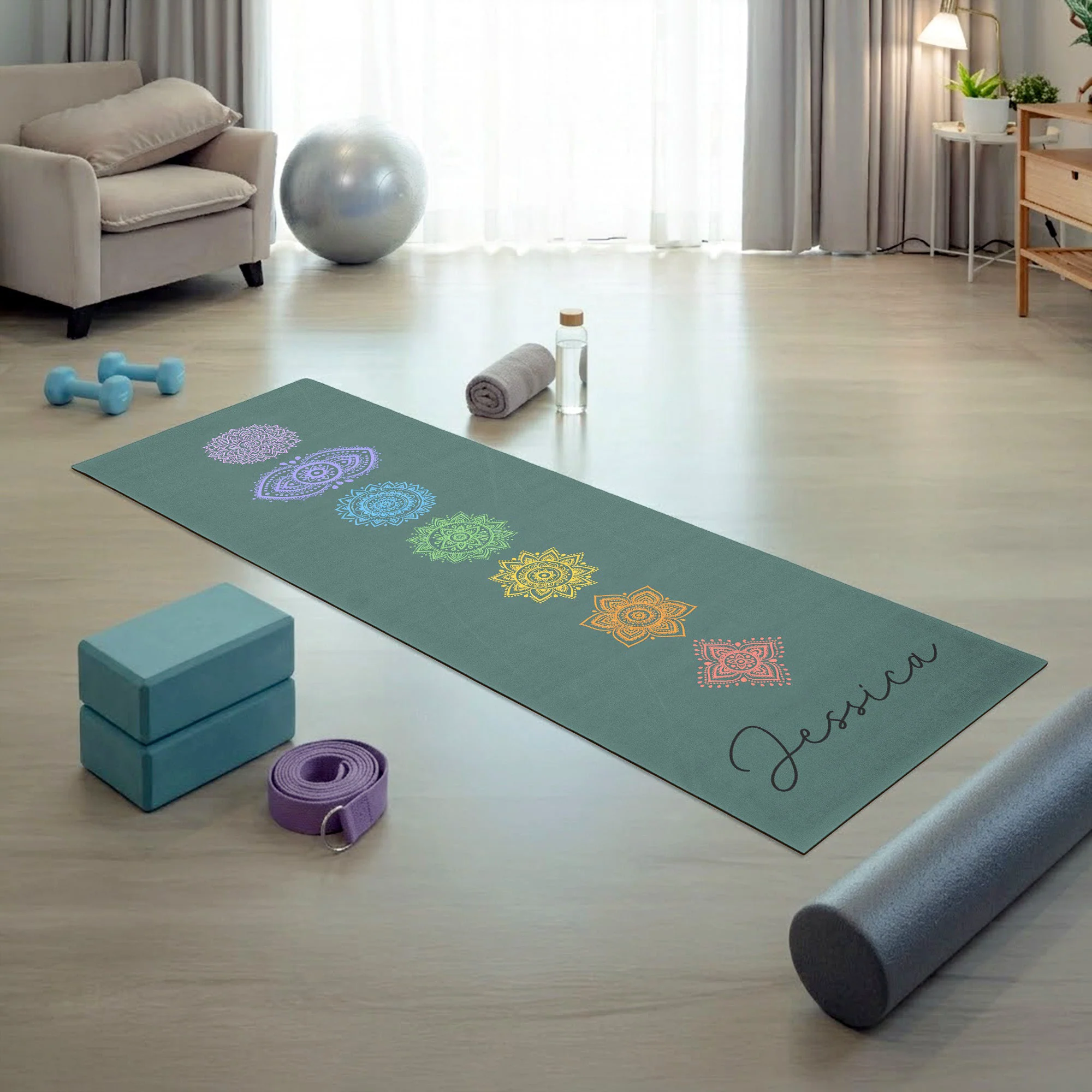 Chakra, Hamsa, Lotus, Moon Phase Custom Name For Yoga Lover - Personalized Yoga Mat - Image 3