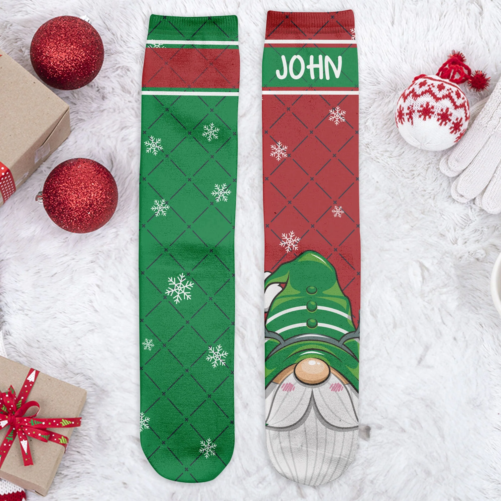 Cheery & Bright Gnome Couple - Personalized Crew Socks - Image 6