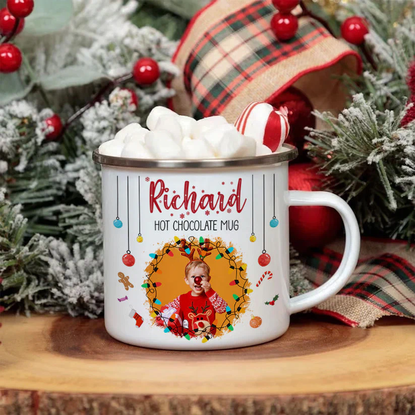 Chocolate Christmas Movie Watching Mug For Kid, Family - Personalized Photo Enamel Mug - Image 4