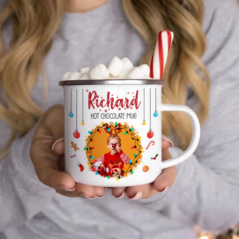 Chocolate Christmas Movie Watching Mug For Kid, Family - Personalized Photo Enamel Mug - Image 5