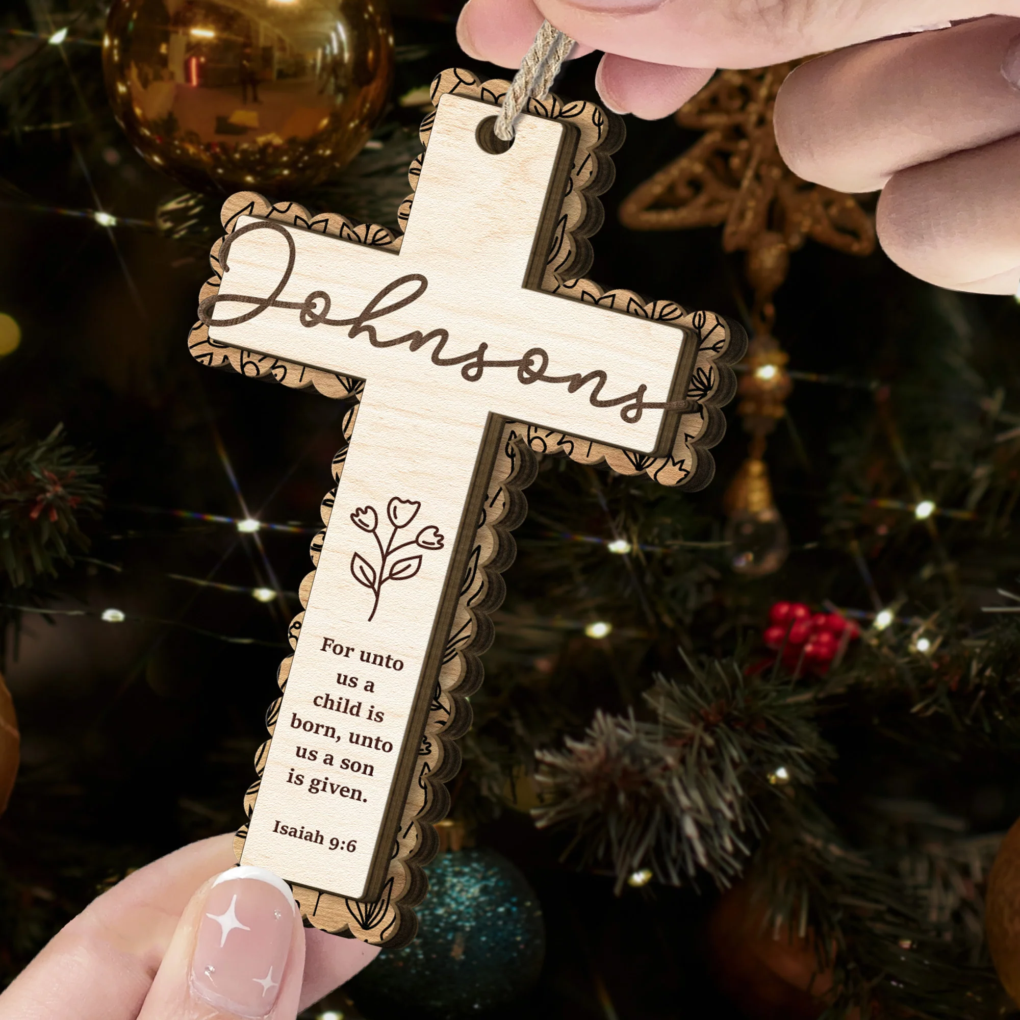Christ Cross Nativity Scripture Christmas - Personalized Wooden Ornament - Image 3