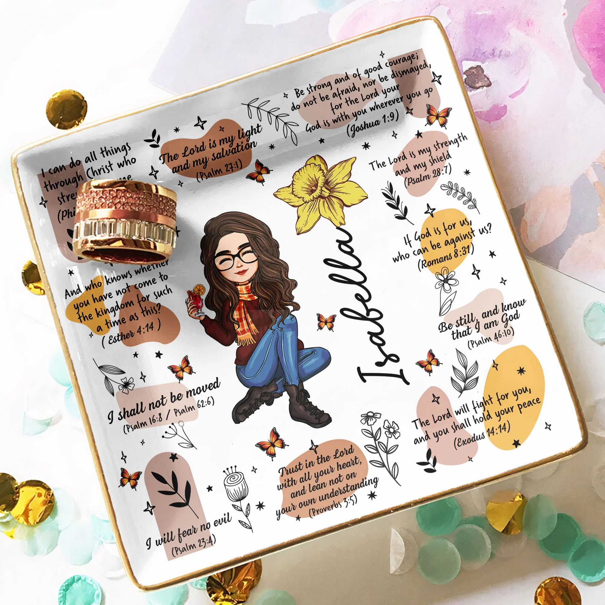 Christian Affirmation Bible Verses With Birth Flower - Personalized Jewelry Dish - Image 4
