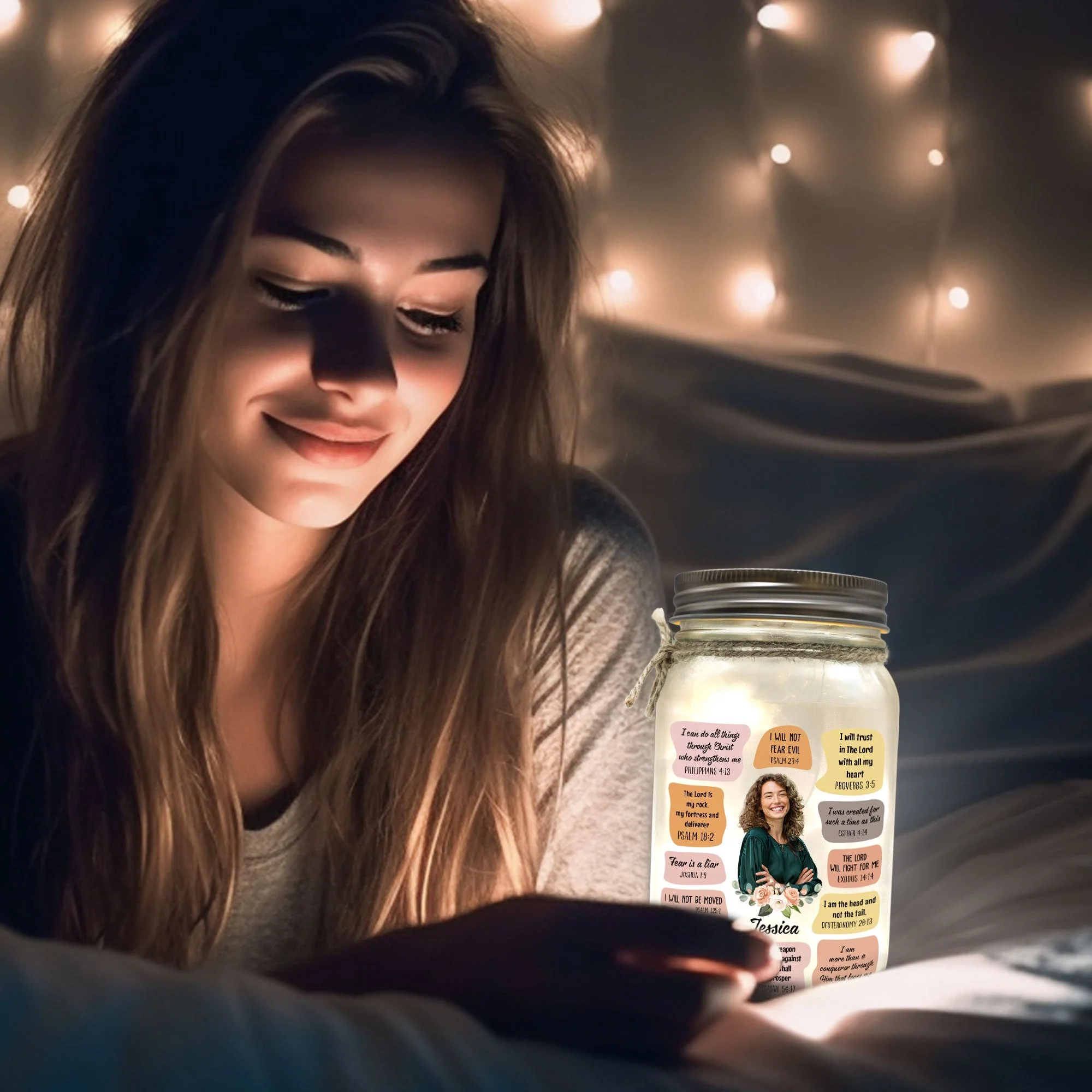 Christian Bible Verse Affirmations Motivation - Personalized Mason Jar Light - Image 7