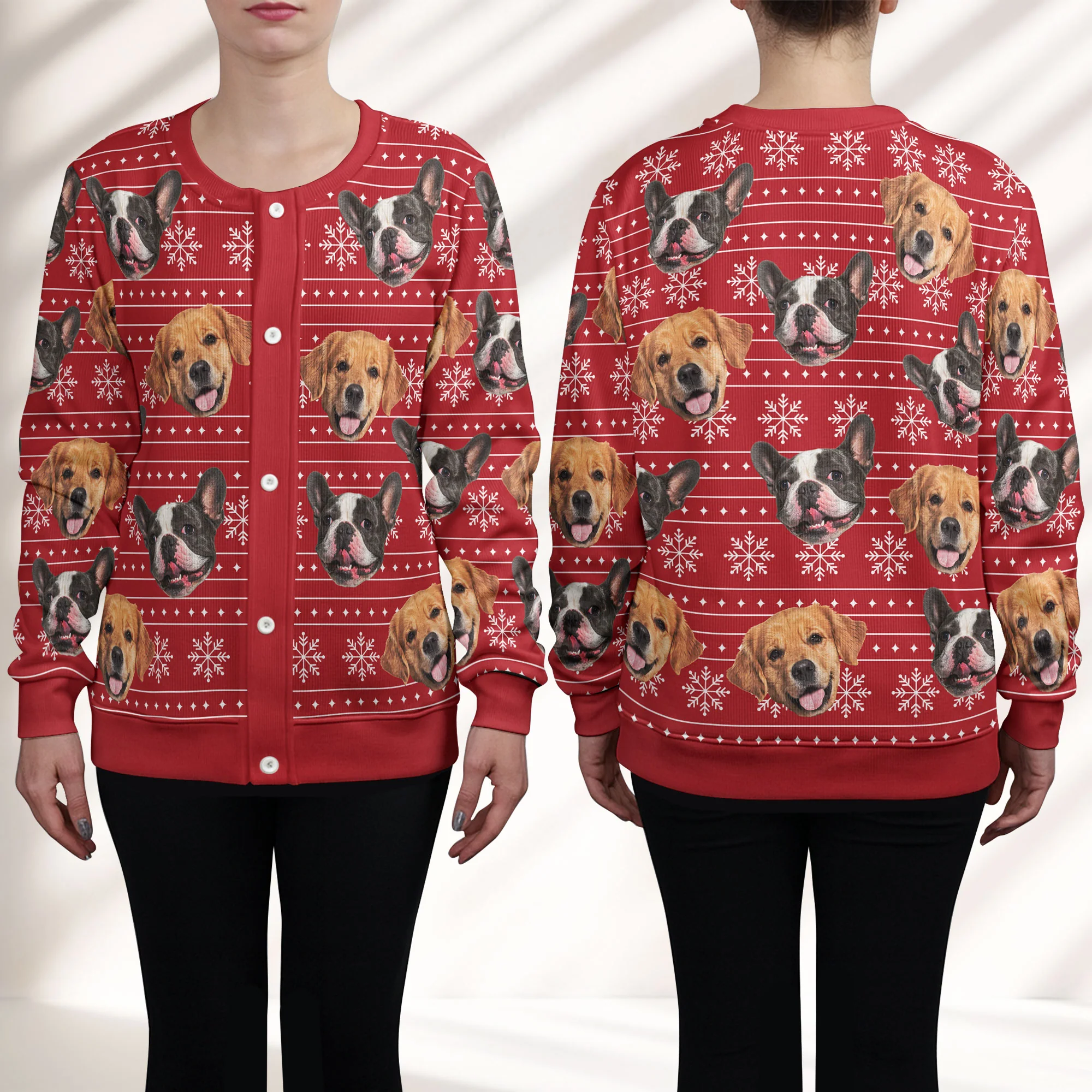 Christmas Dog Cat Silly Faces - Personalized Photo Crewneck Cardigan - Image 2