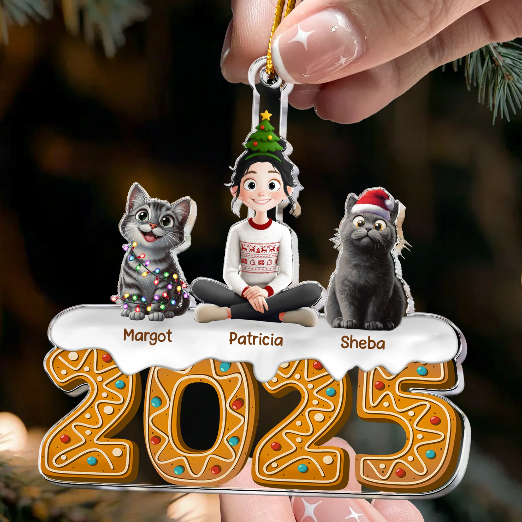 Christmas Gingerbread Girl And Her Cats - Personalized Acrylic Ornament - Image 2