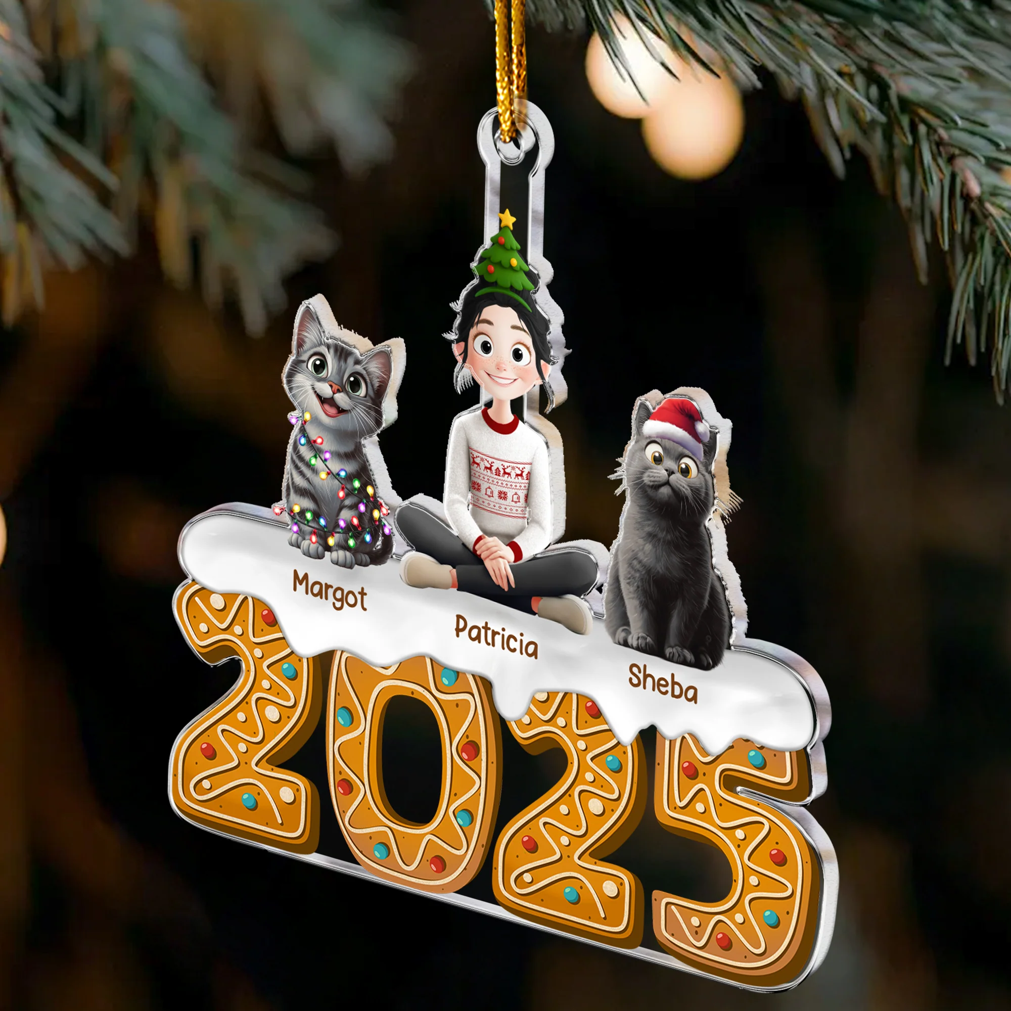 Christmas Gingerbread Girl And Her Cats - Personalized Acrylic Ornament - Image 3