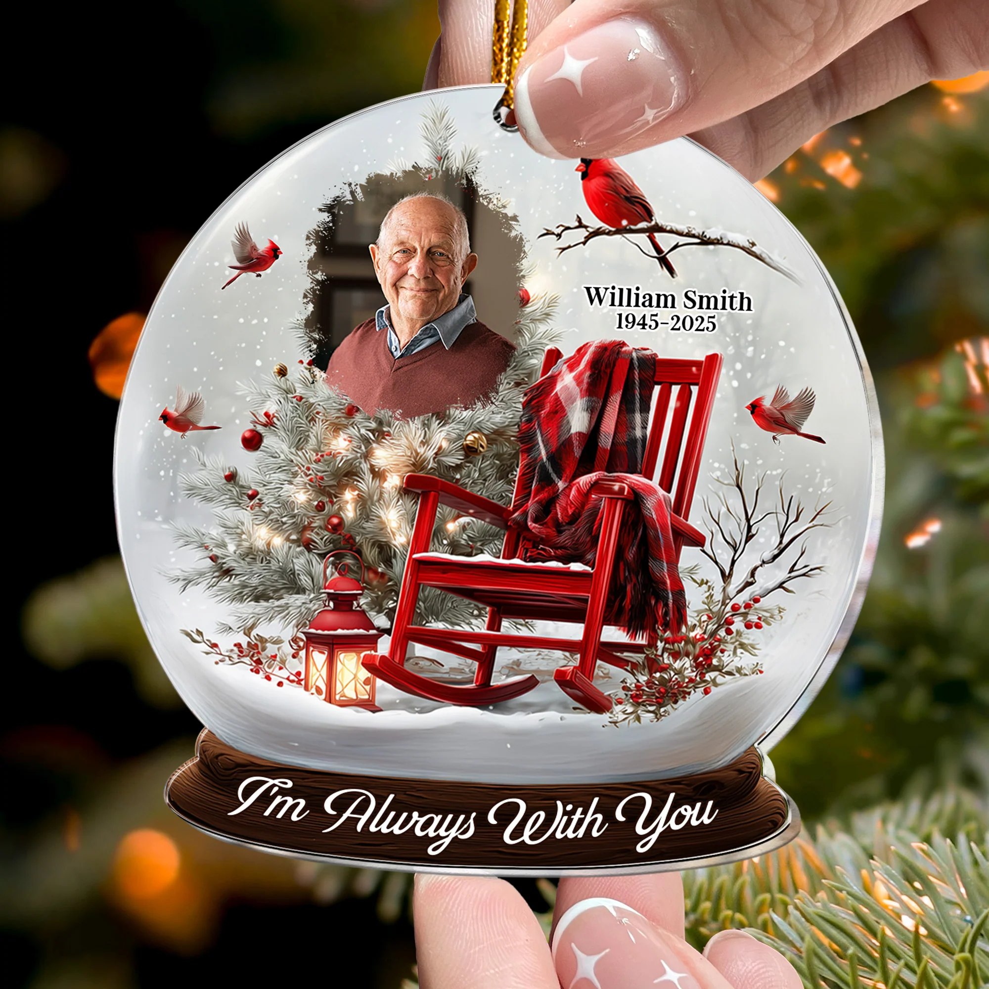 Christmas In Heaven, Cardinal & Rocking Chair - Personalized Acrylic Photo Ornament - Image 2