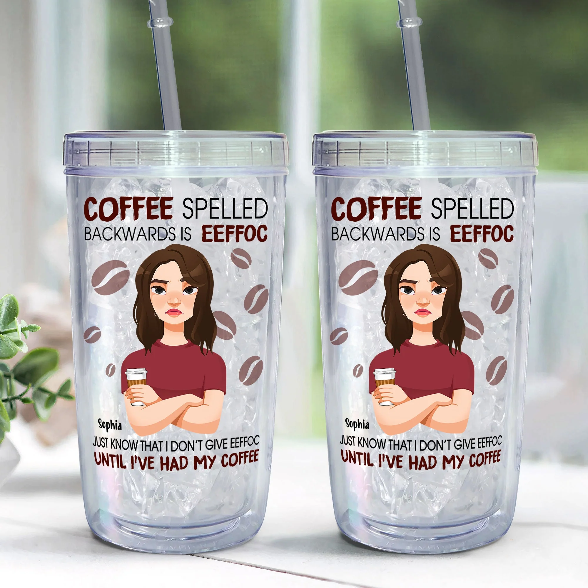 Coffee Spelled Backwards - Personalized Acrylic Tumbler With Straw - Image 3