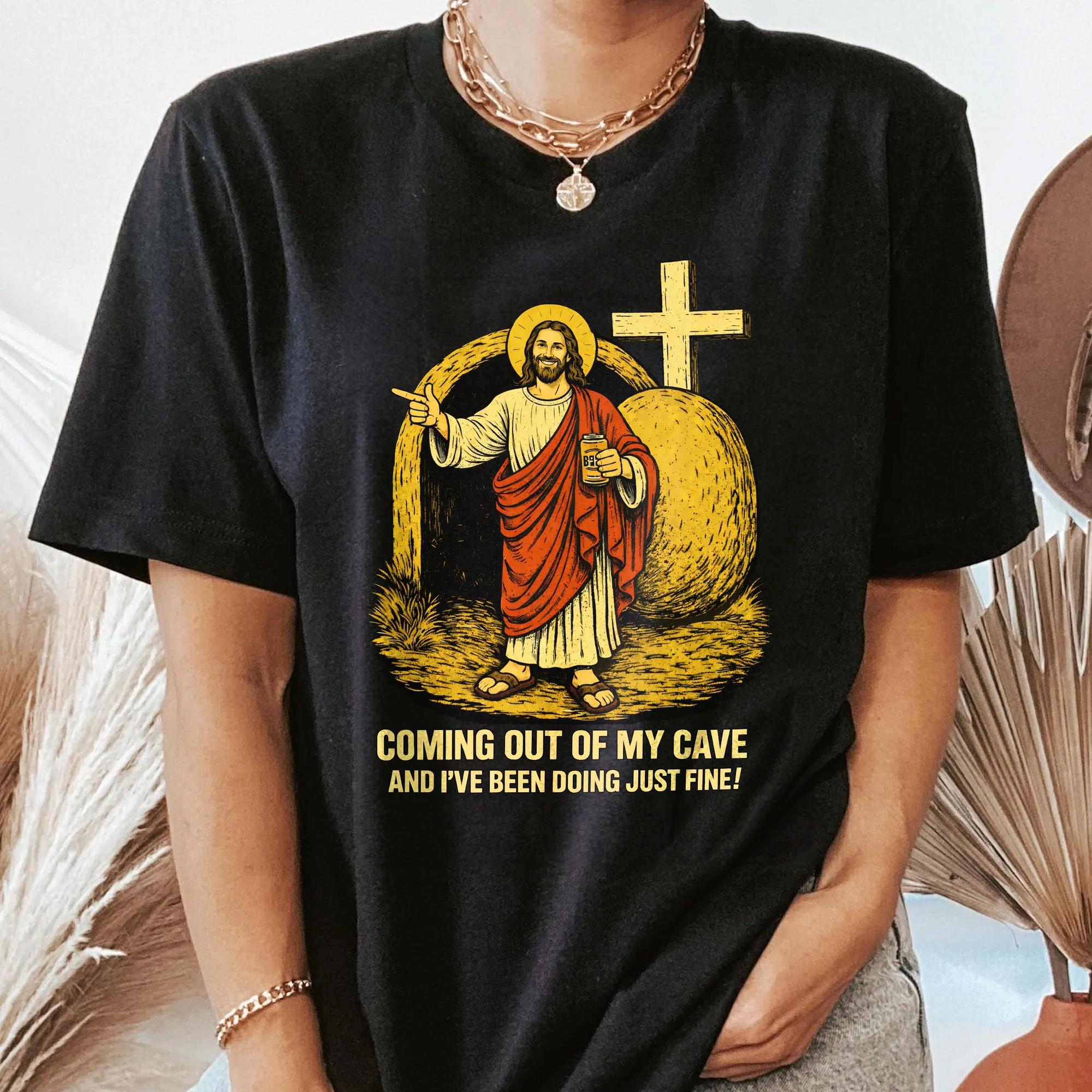 Coming Out Of My Cave Funny Jesus Easter Meme - Personalized Shirt - Image 2