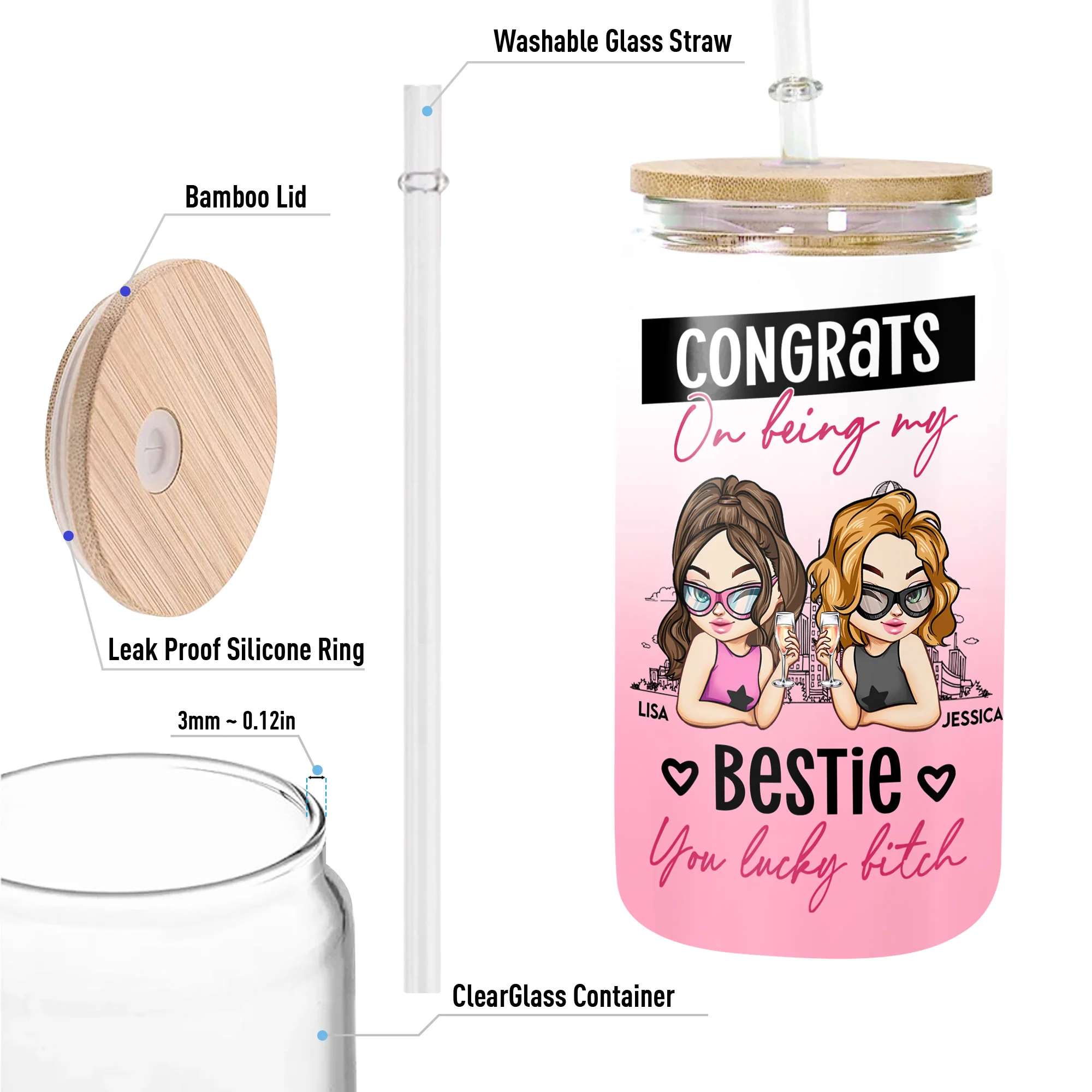 Congrats On Being My Bestie You Lucky - Personalized Clear Glass Cup - Image 5