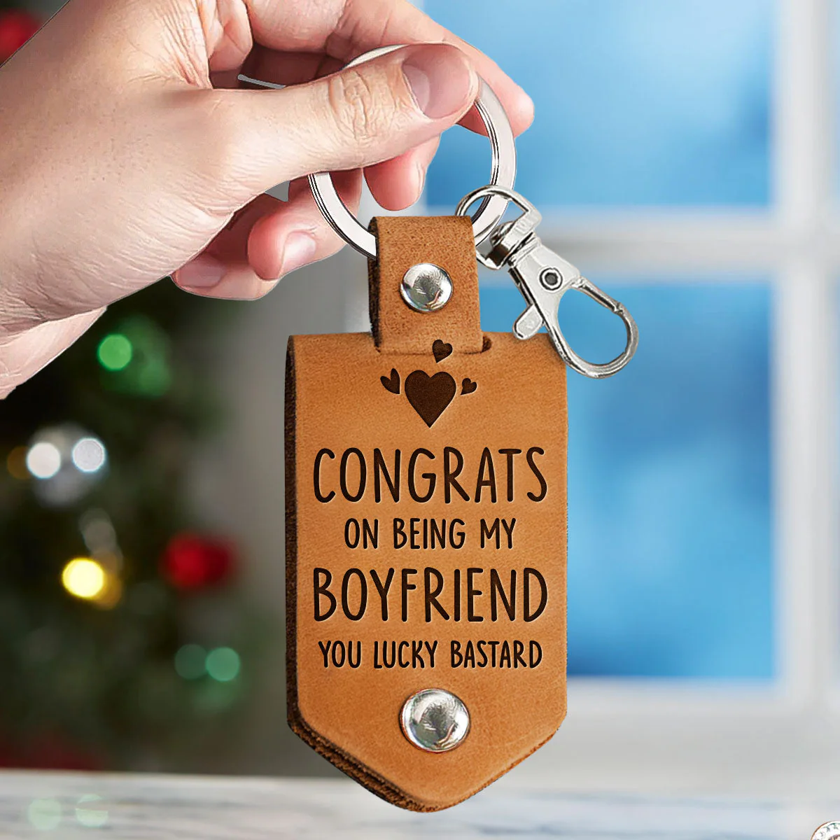 Congrats On Being My Boyfriend - Personalized Leather Photo Keychain - Image 2