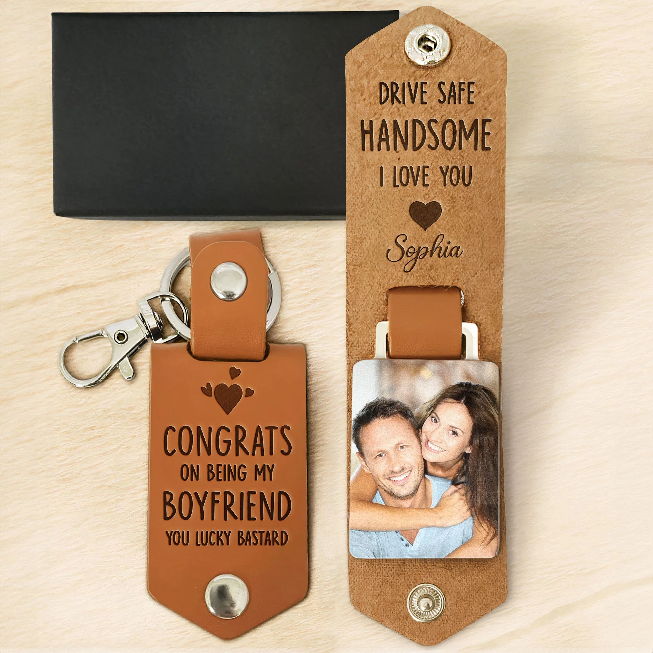 Congrats On Being My Boyfriend - Personalized Leather Photo Keychain - Image 4