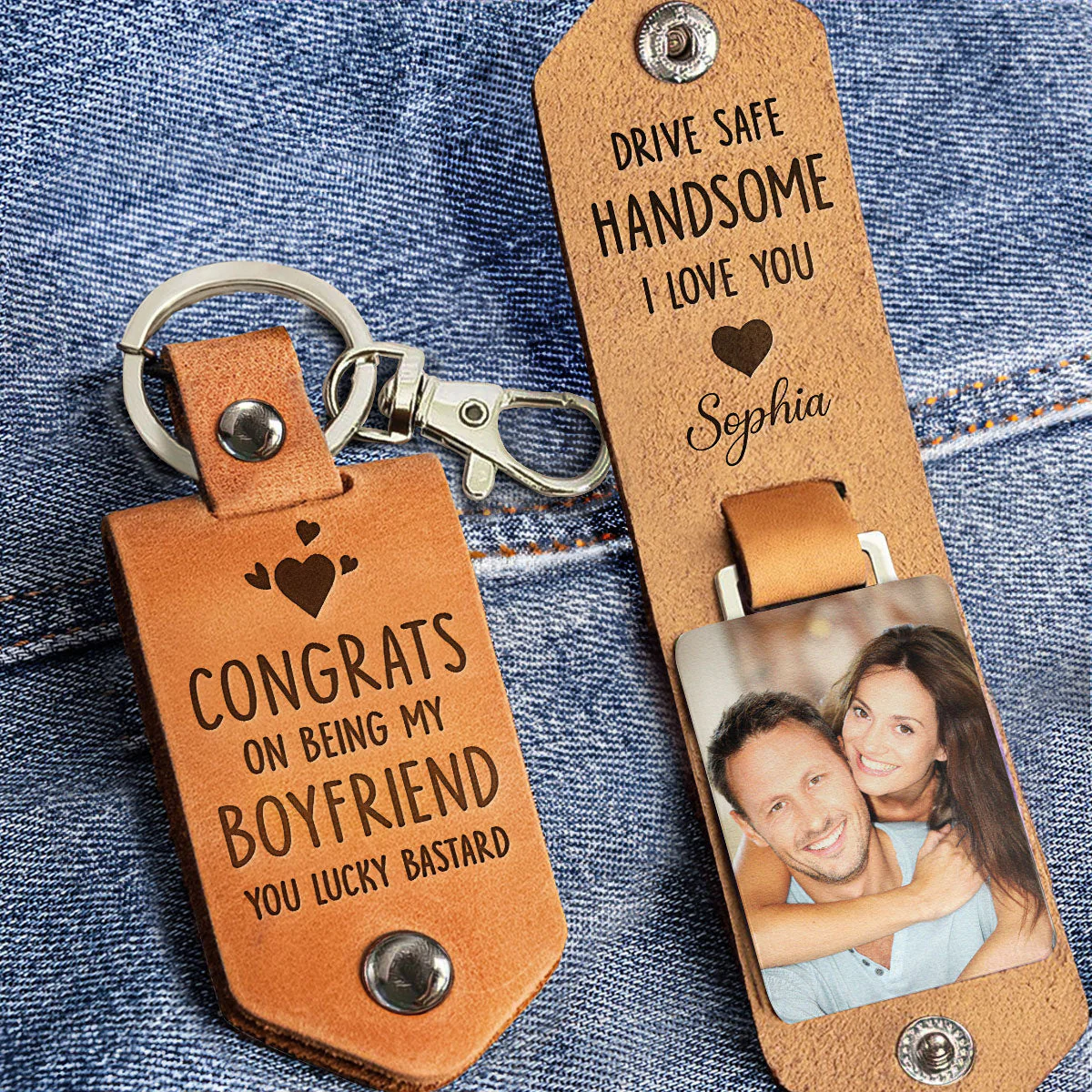 Congrats On Being My Boyfriend - Personalized Leather Photo Keychain - Image 5