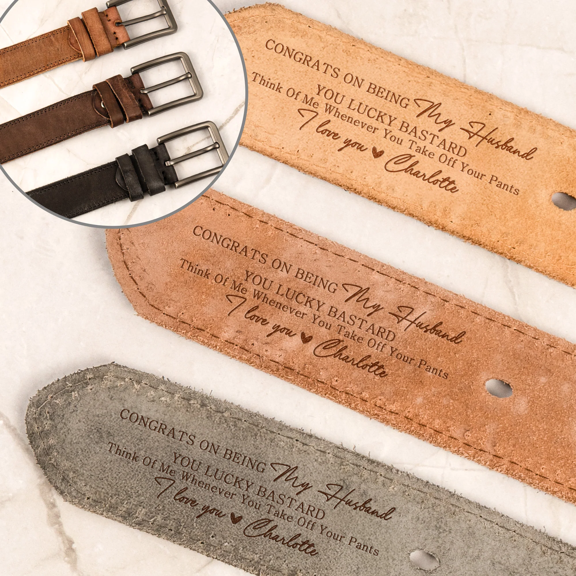Congrats On Being My Husband You Lucky Bastard Anniversary Gift - Personalized Cowhide Belt - Image 2