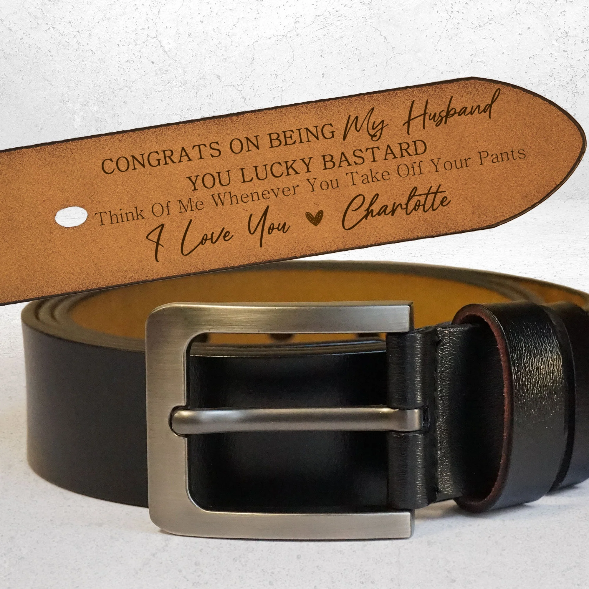 Congrats On Being My Husband You Lucky Bastard - Personalized Engraved Leather Belt - Gift For Husband - Image 2