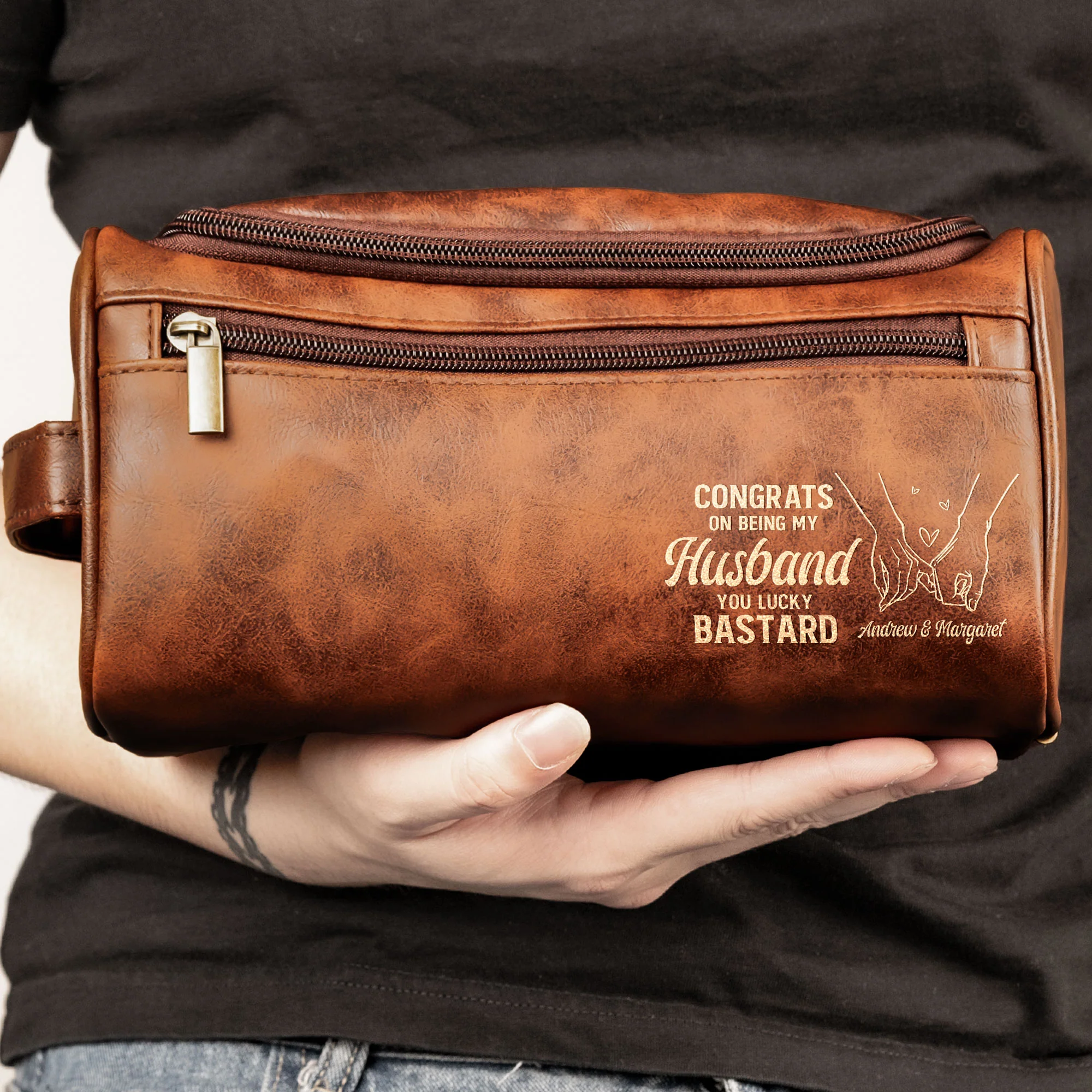 Congrats On Being My Husband You Lucky Bastard - Personalized Leather Toiletry Bag - Image 5
