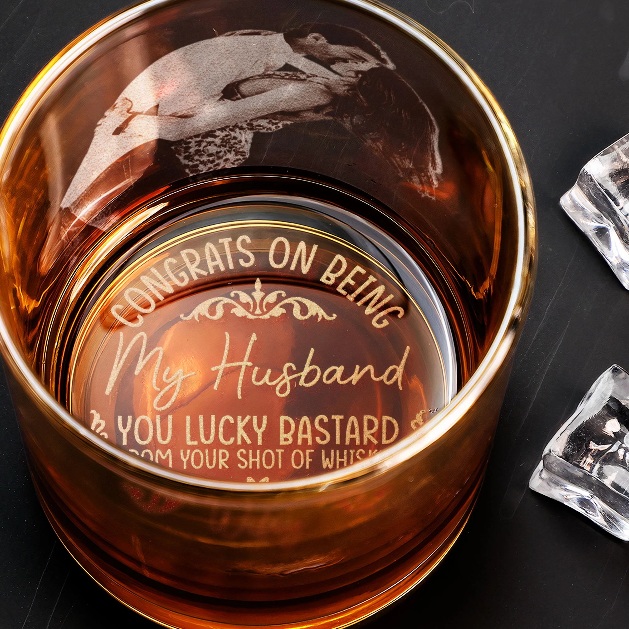 Congrats On Being My Husband You Lucky Bastard - Personalized Whiskey Glass With Photo - Image 6