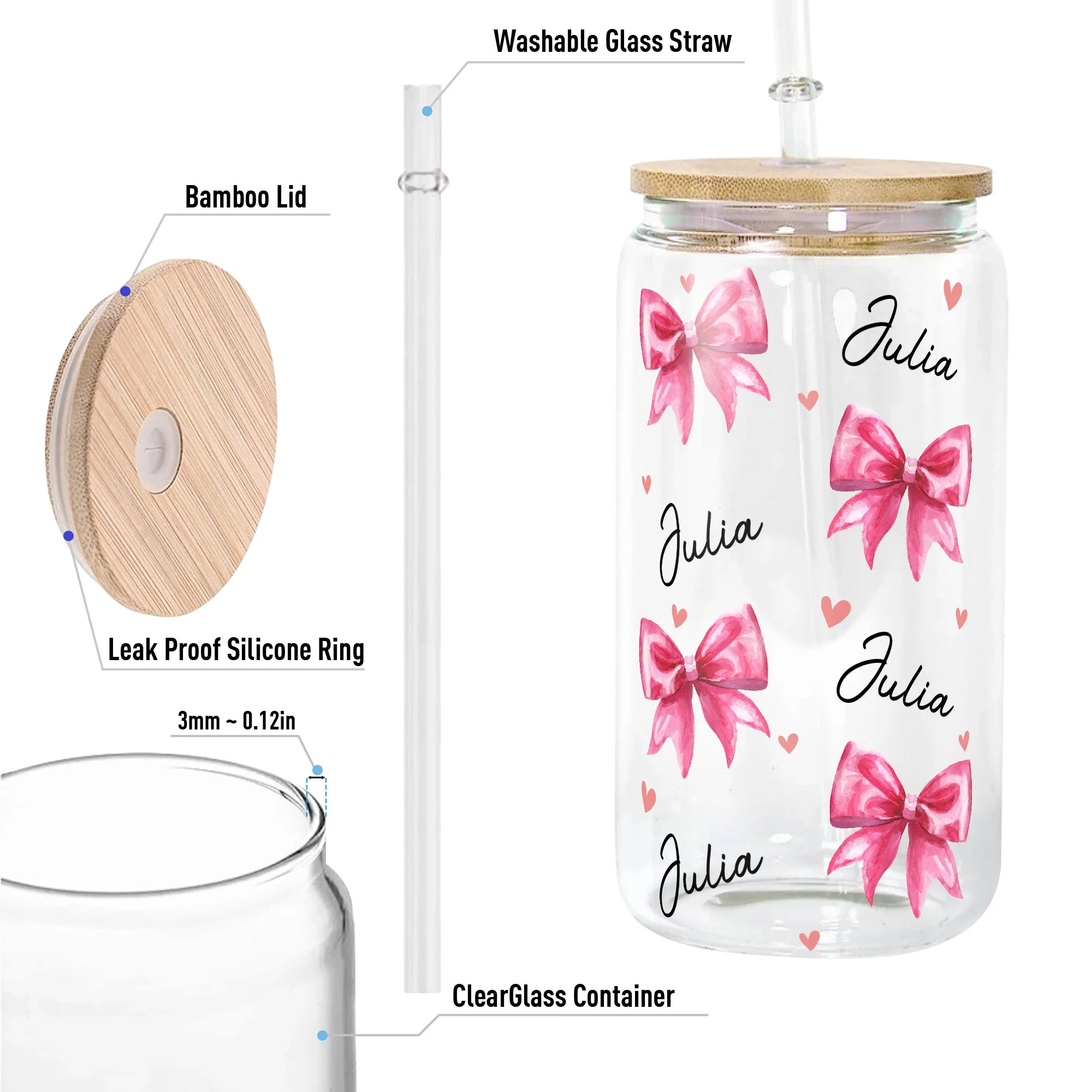 Coquette Pink Bow Trendy Girl For Daughter, Sister, Friends - Personalized Clear Glass Cup - Image 5