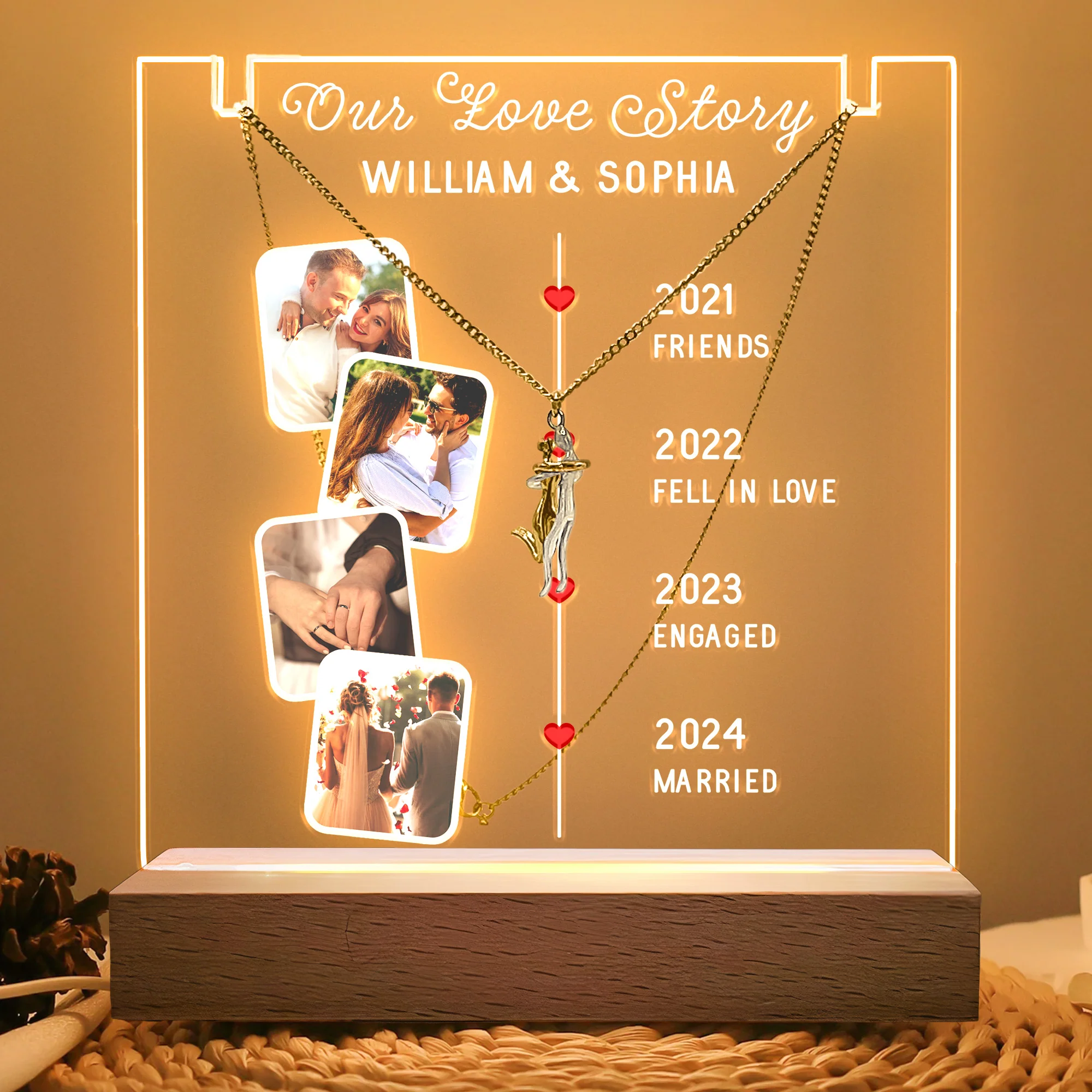 Couple Love Story - Personalized LED Light Acrylic Photo Plaque With Couple Necklace - Image 2