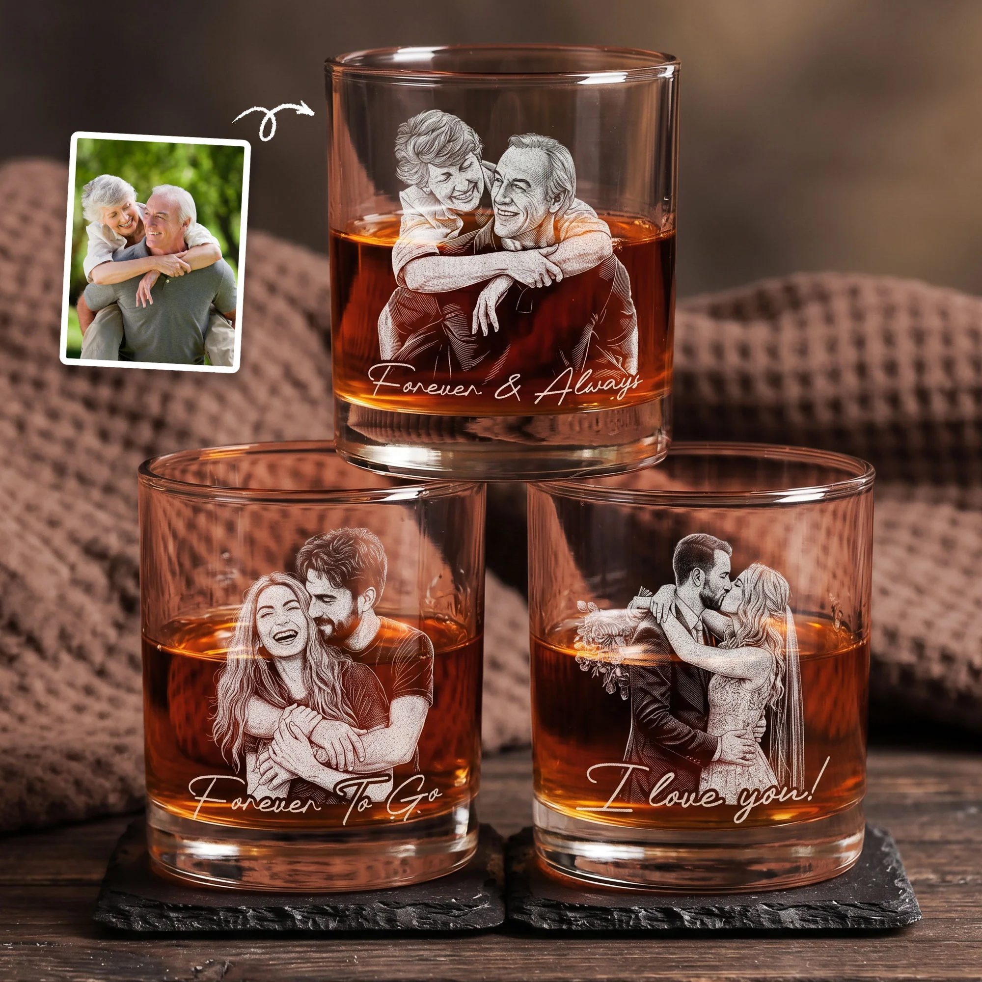 Couple Photo Engraved Glass Anniversary Gift For Him, Her - Personalized Whiskey Glass