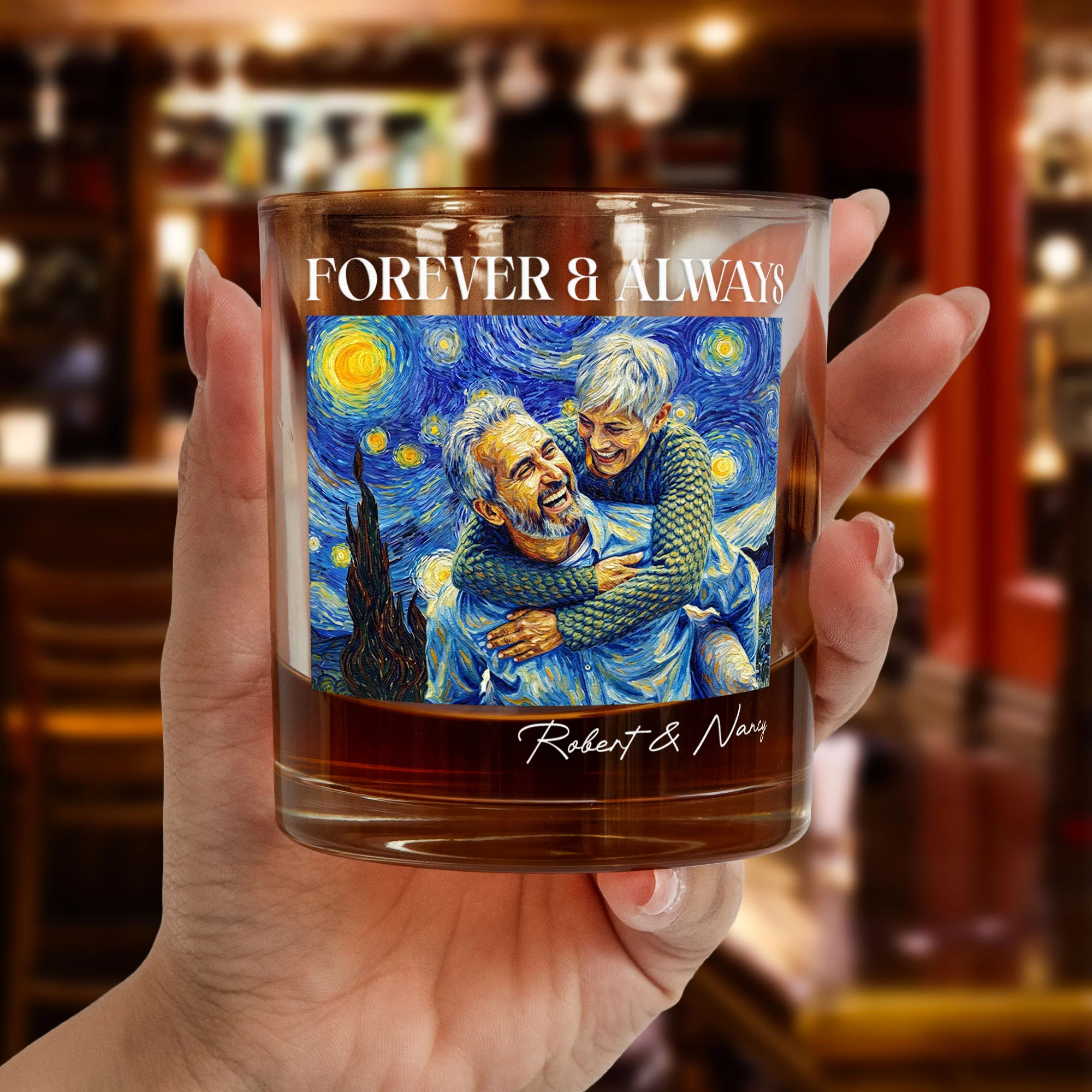 Couple Photo Van Gogh Art Forever & Always - Personalized Whiskey Glass - Image 2