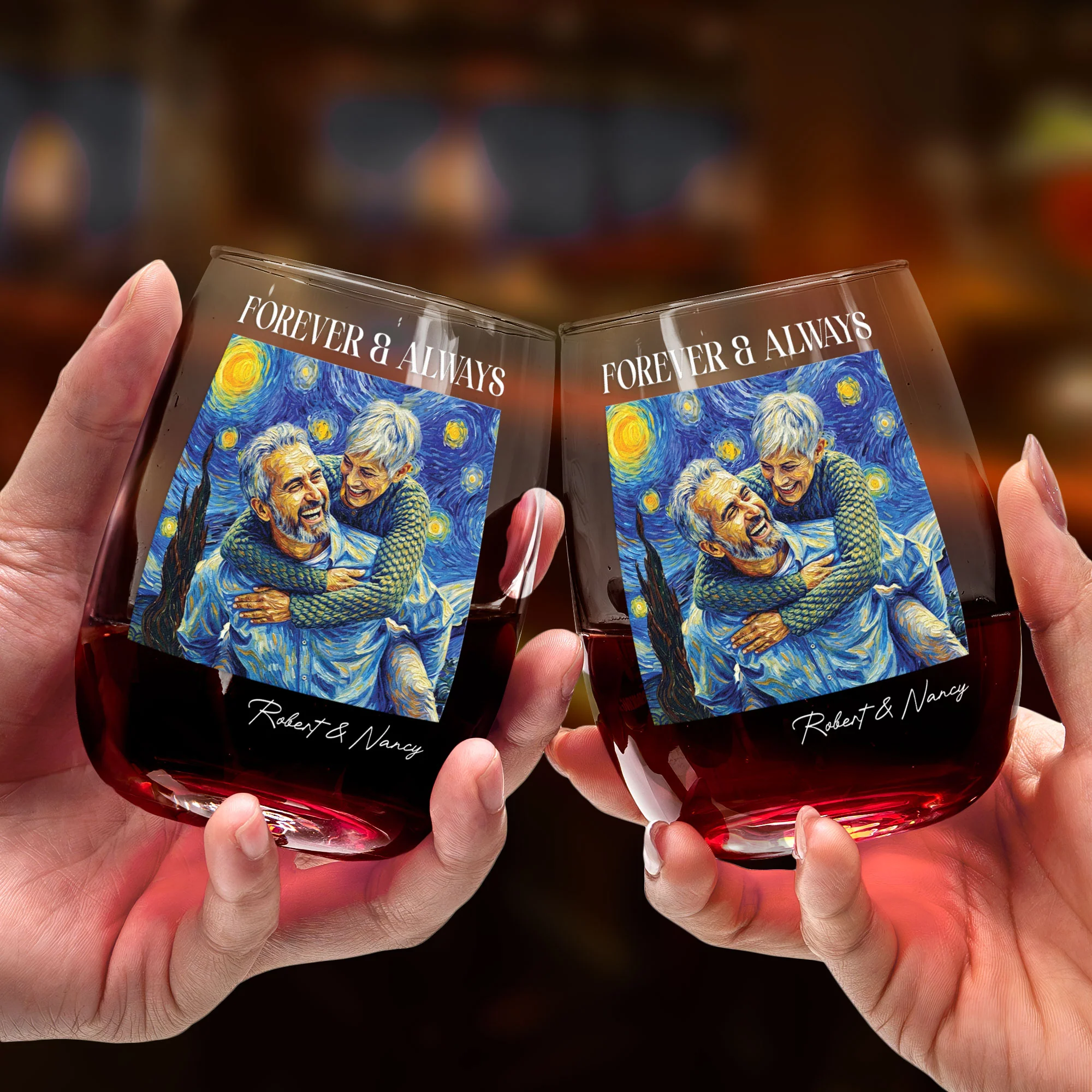 Couple Photo Van Gogh Art Forever & Always - Personalized Wine Glass - Image 5
