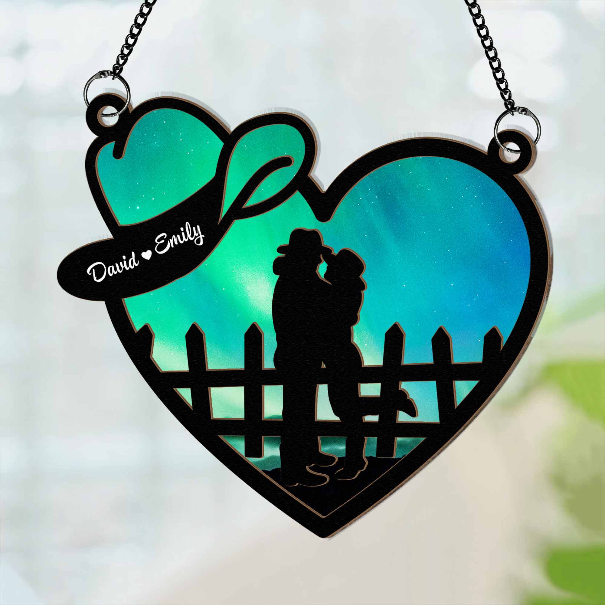 Cowboy And Cowgirl In Love - Personalized Window Hanging Suncatcher Ornament - Image 4
