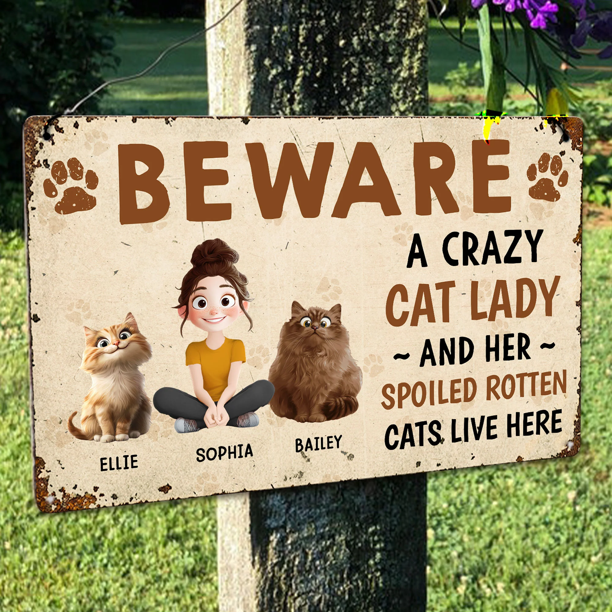 Crazy Cat Lady And Her Cats - Personalized Metal Sign - Image 2