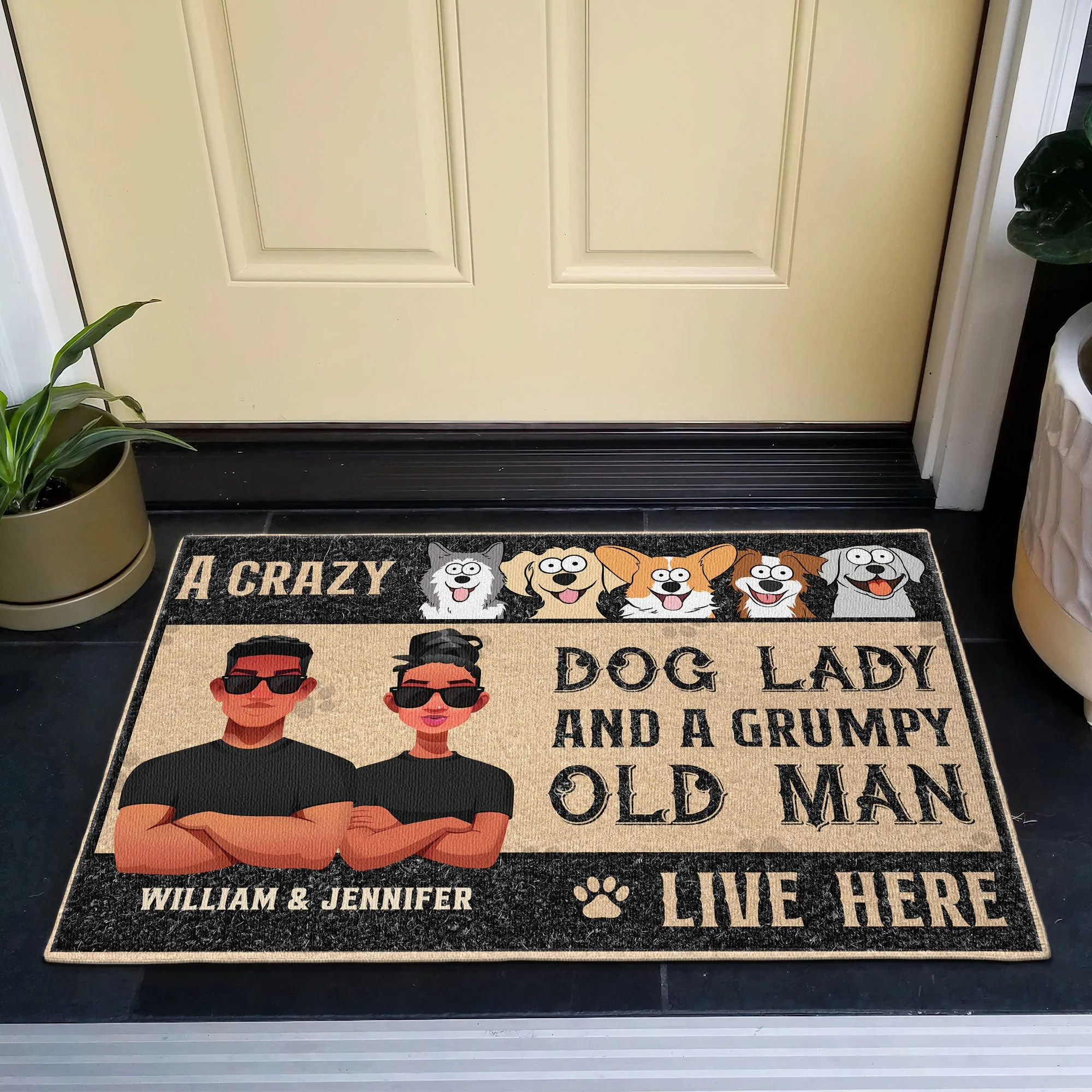 Crazy Dog Lady And Grumpy Old Man Live Here - Personalized Doormat - Image 4