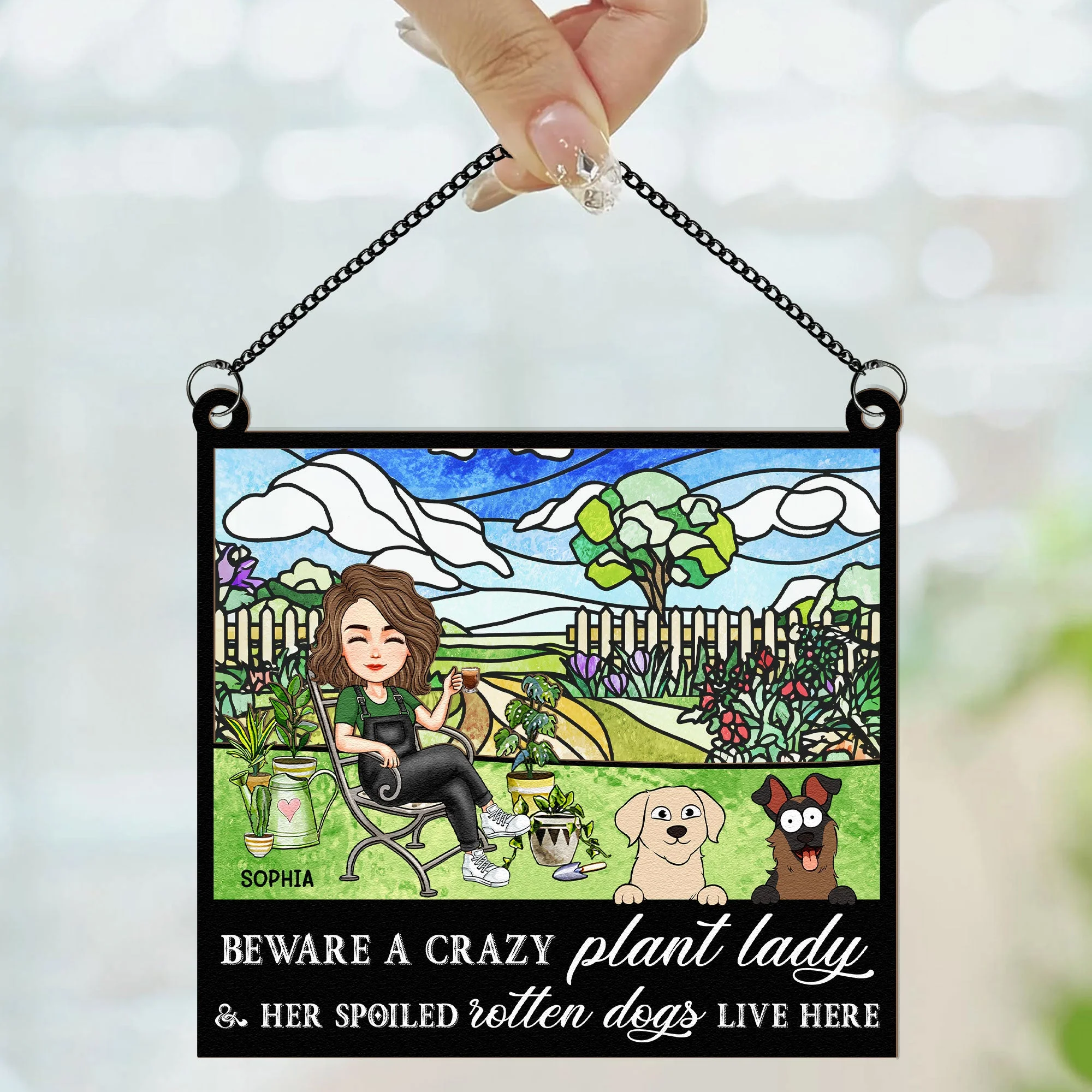 Crazy Plant Lady & Her Dogs - Personalized Window Hanging Suncatcher Ornament - Image 2