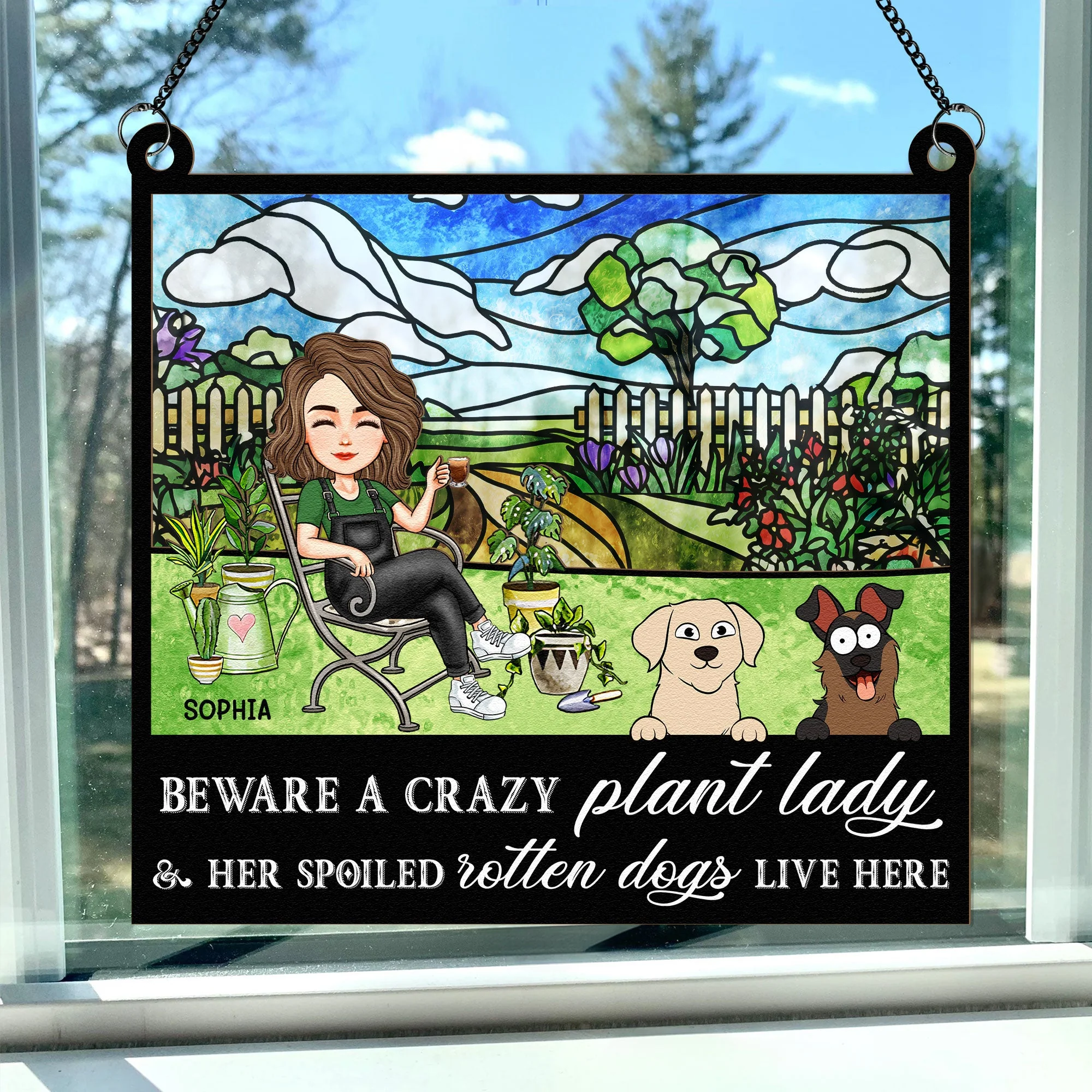 Crazy Plant Lady & Her Dogs - Personalized Window Hanging Suncatcher Ornament - Image 3