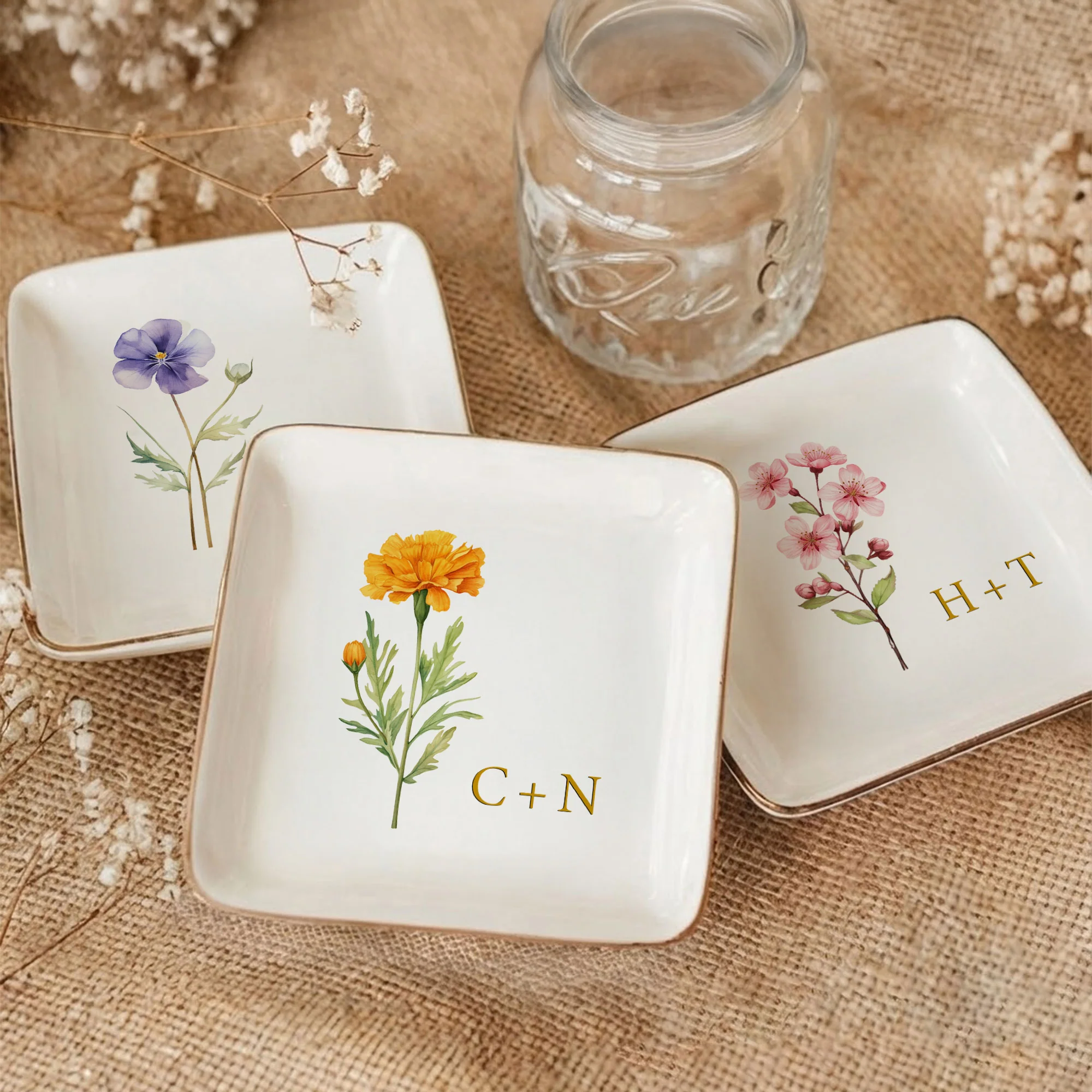 Custom Anniversary Month Flower Gift For Couples - Personalized Jewelry Dish - Image 2