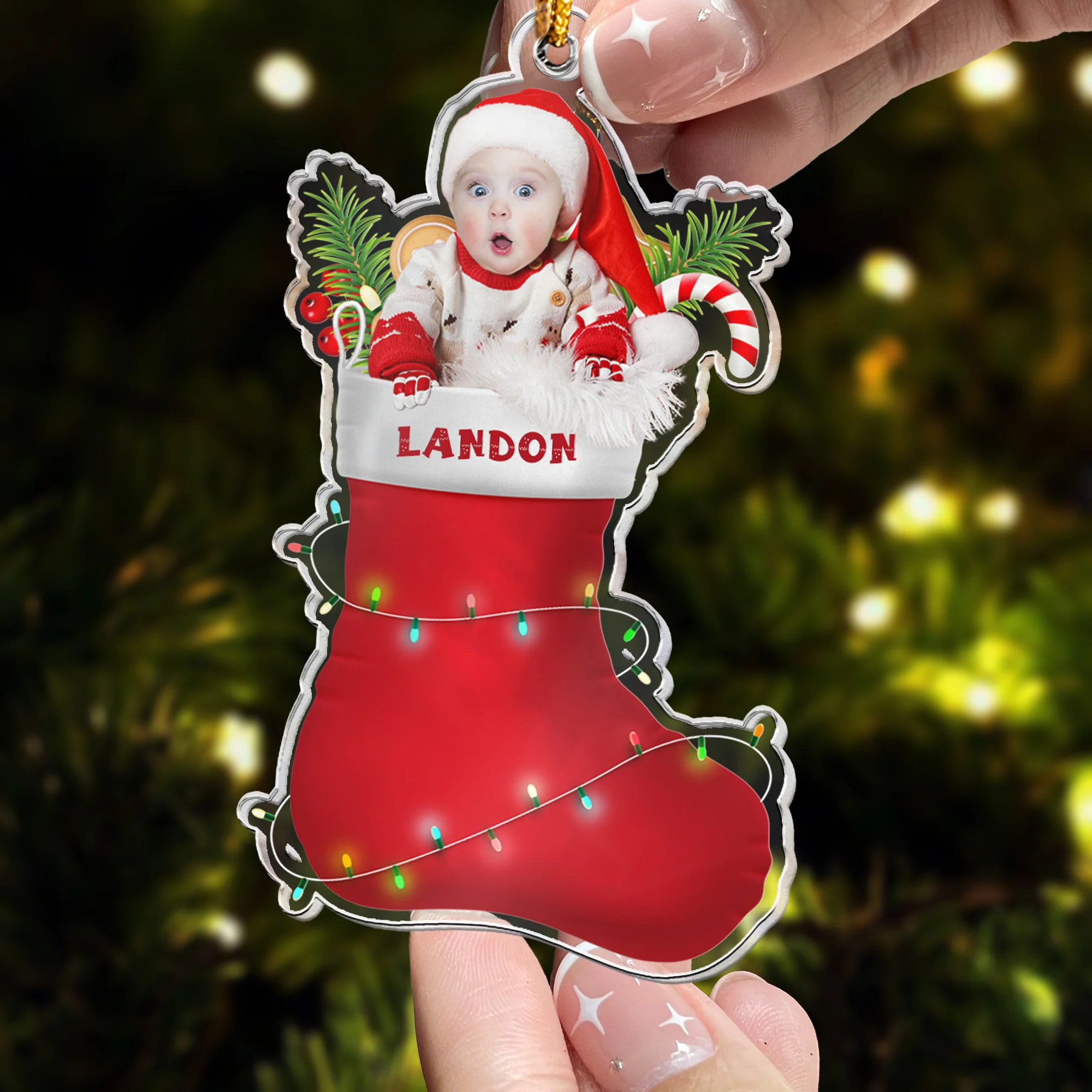 Custom Baby In Christmas Sock - Personalized Acrylic Photo Ornament - Image 4