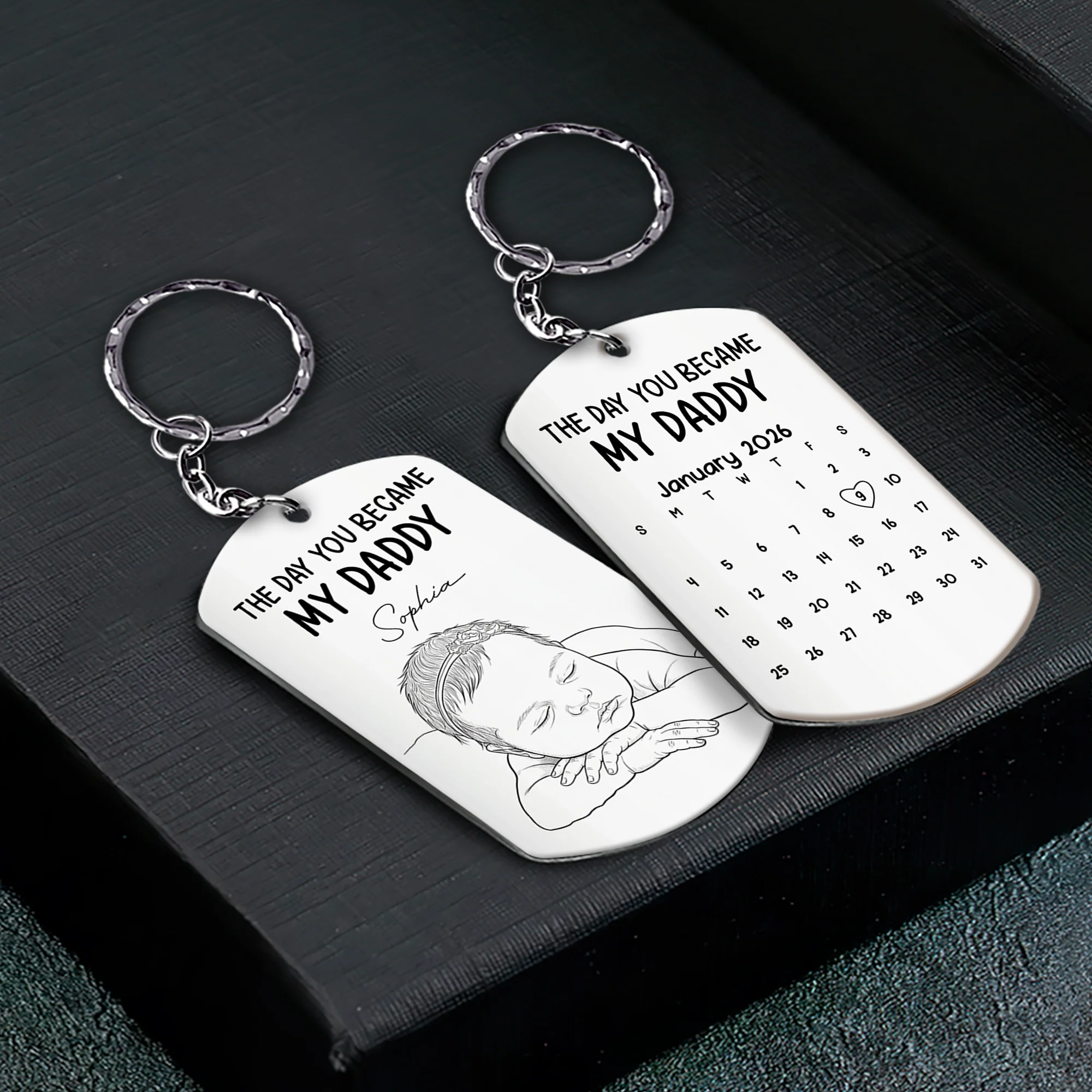 Custom Baby Photo Sketch Line Art Father's Day Gift For New Dad, Husband - Personalized Keychain - Image 2