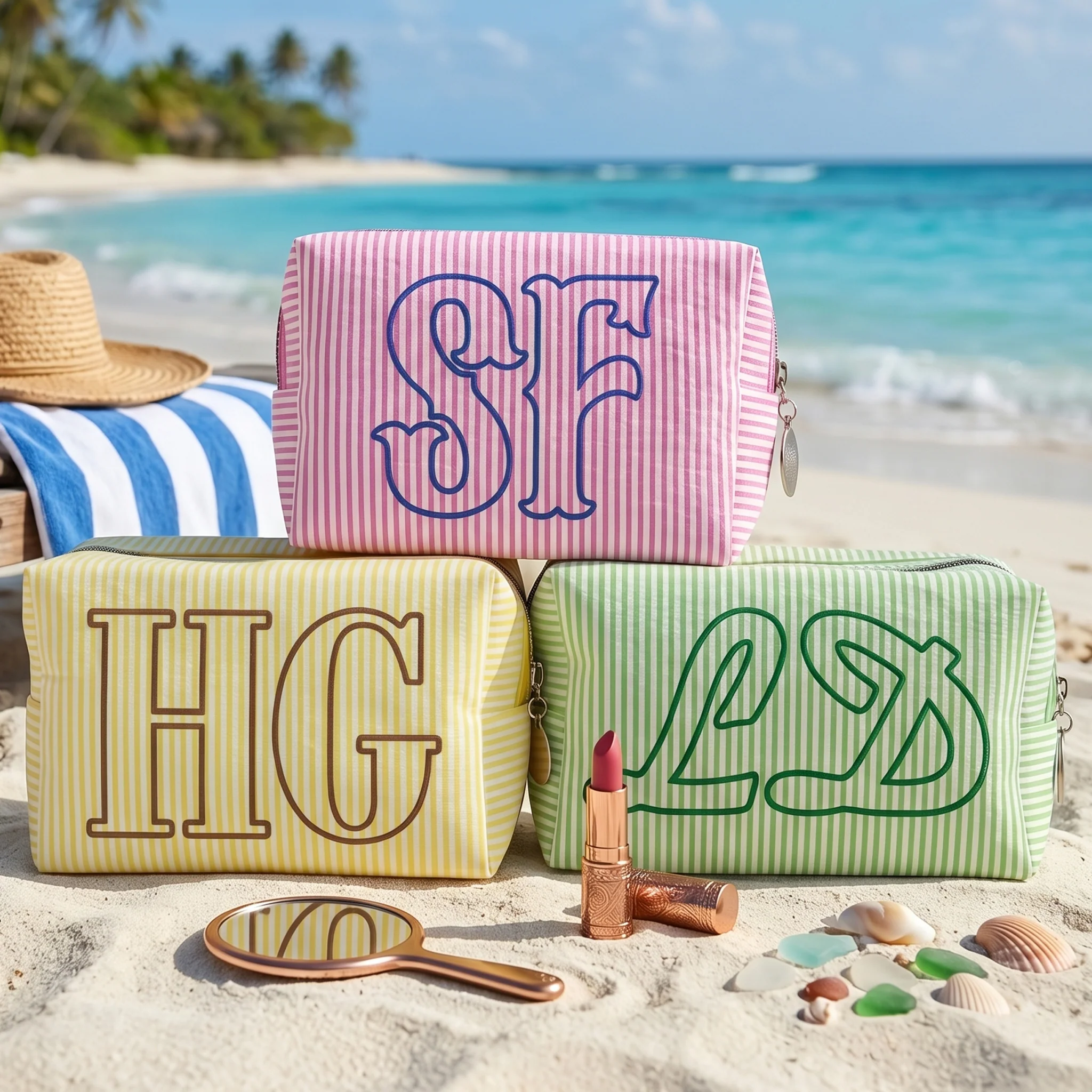 Custom Beach Bag Striped Reusable For Bridesmaid, Besties Summer Travel Trip Personalized Makeup Bag - Image 2