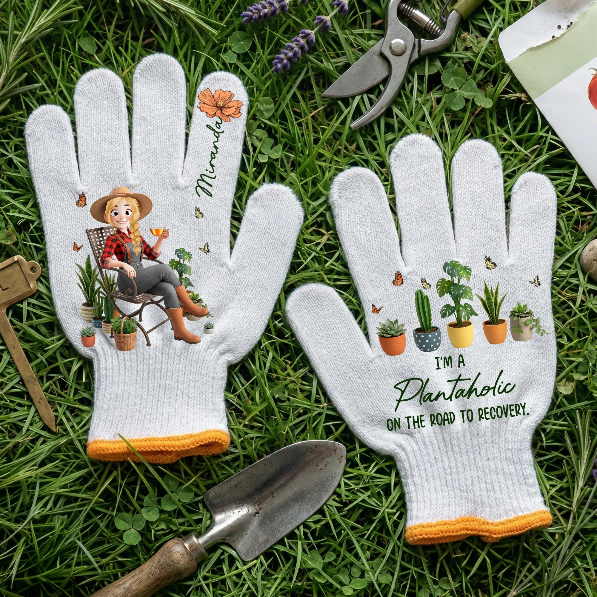 Custom Birth Flower & Cute Character - Gifts For Her, Gardener, Mom, Grandma, Wife - Personalized Gardening Gloves