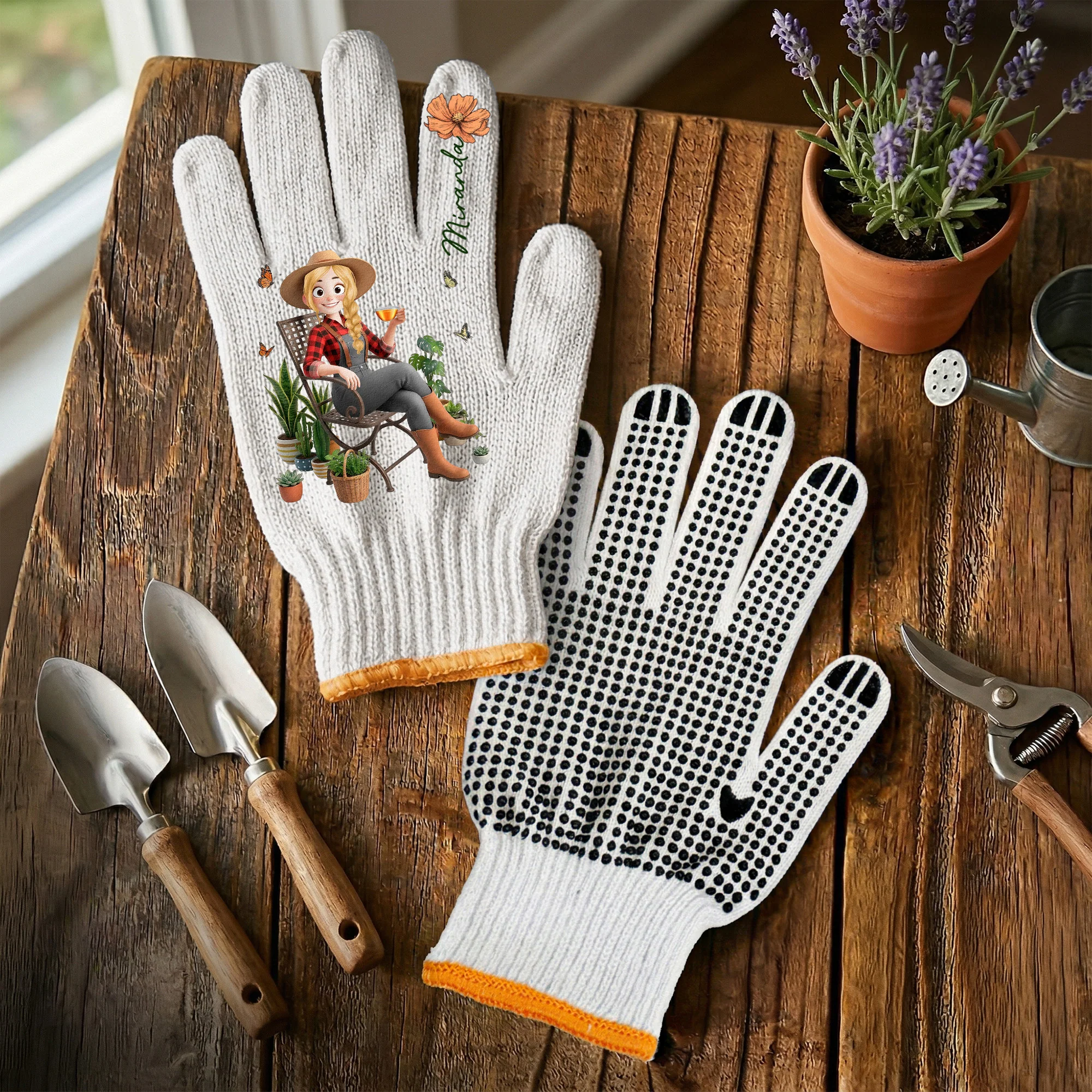 Custom Birth Flower & Cute Character - Gifts For Her, Gardener, Mom, Grandma, Wife - Personalized Gardening Gloves - Image 3