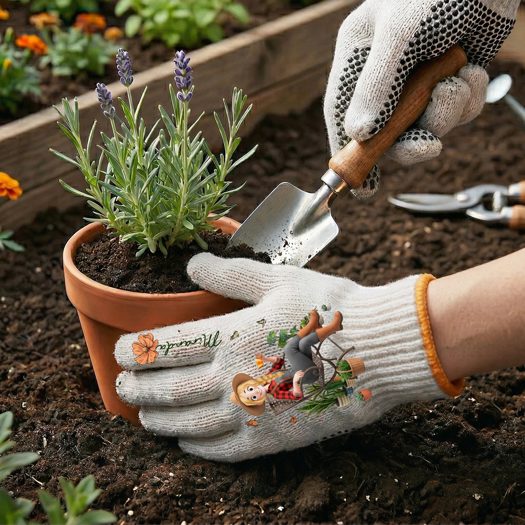 Custom Birth Flower & Cute Character - Gifts For Her, Gardener, Mom, Grandma, Wife - Personalized Gardening Gloves - Image 4