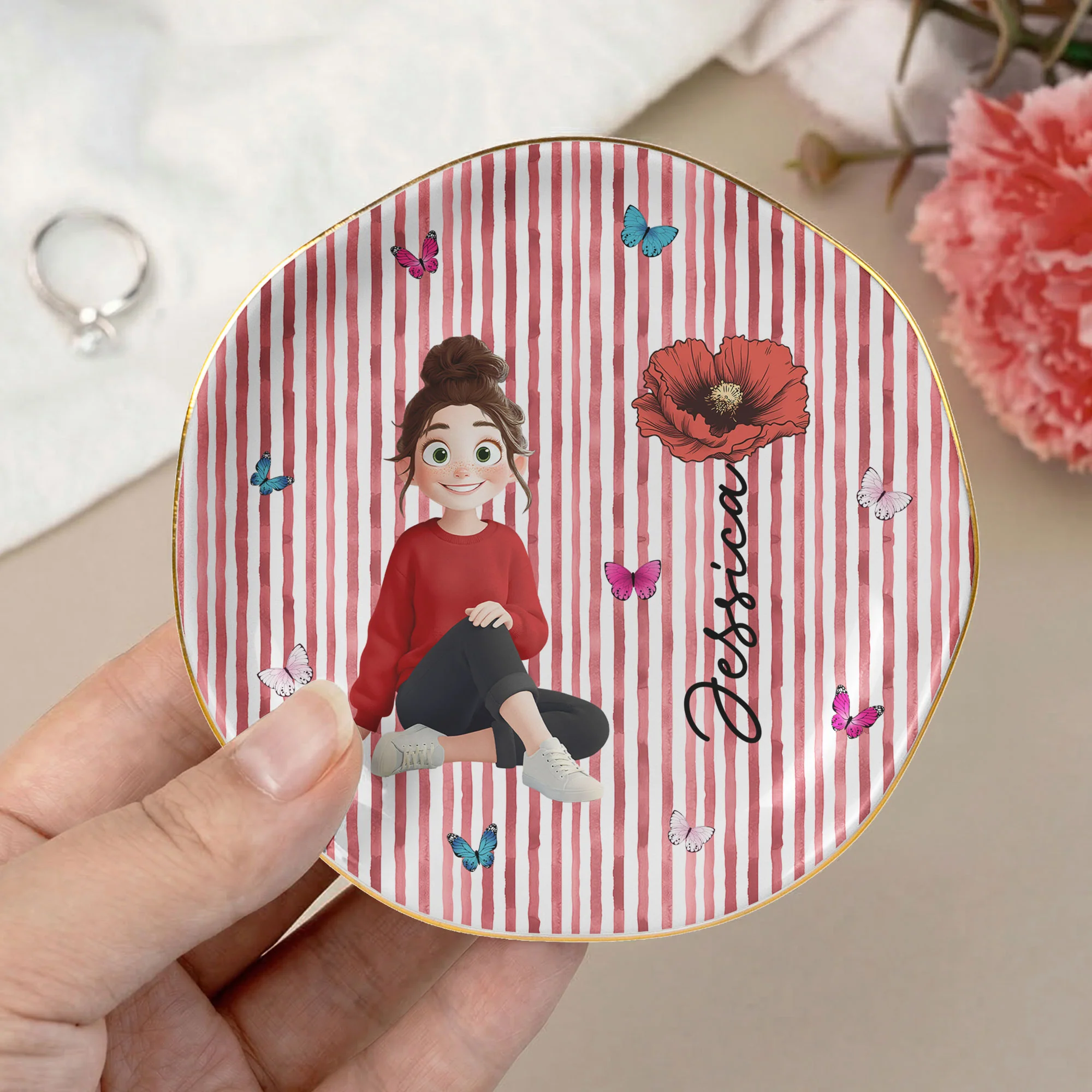 Custom Birth Flower & Cute Character For Her, Coworkers, Friends, Daughter - Personalized Jewelry Dish - Image 6