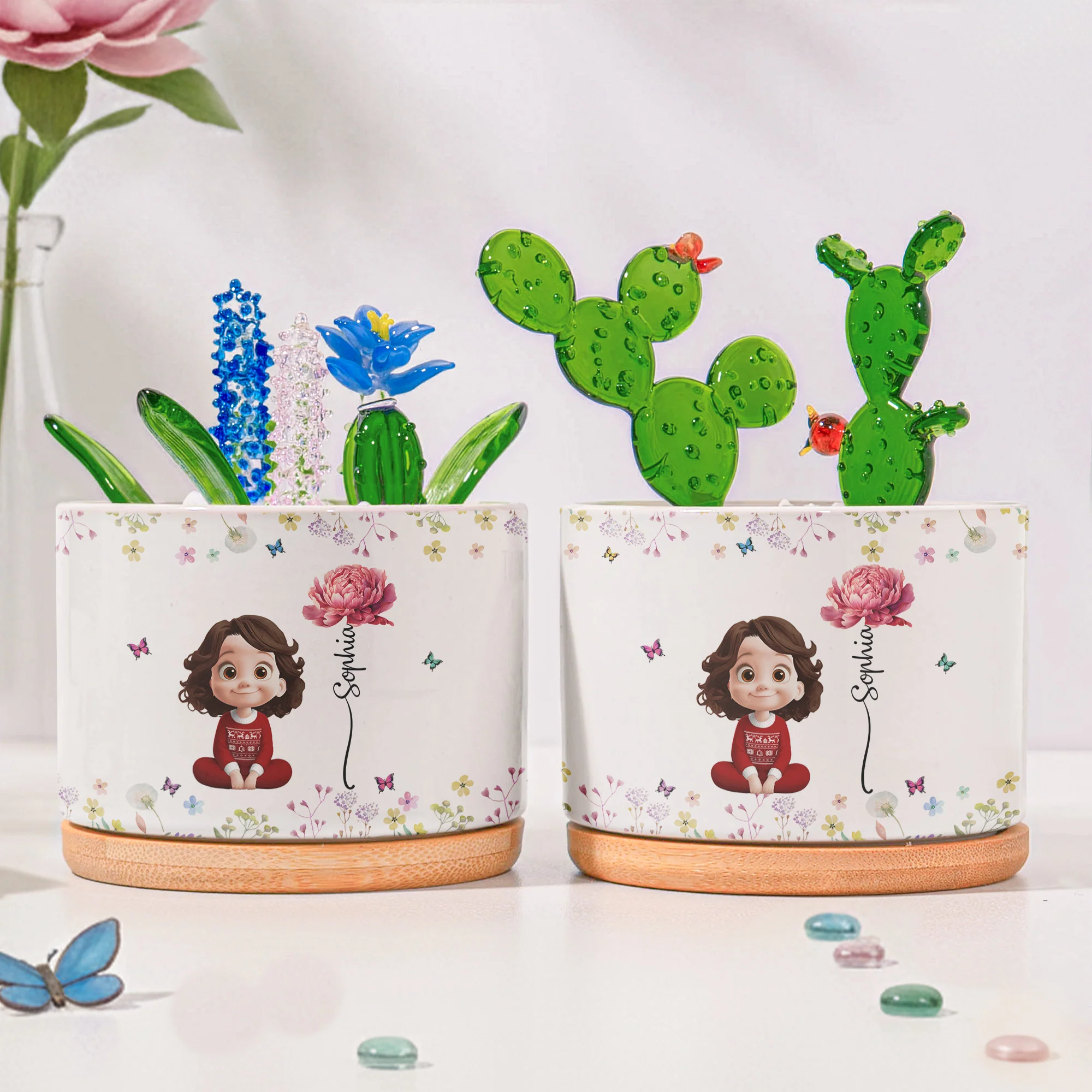 Custom Birth Flower For Friends, Daughter, Granddaughter - Personalized Plant Pot With Glass Succulents - Image 2