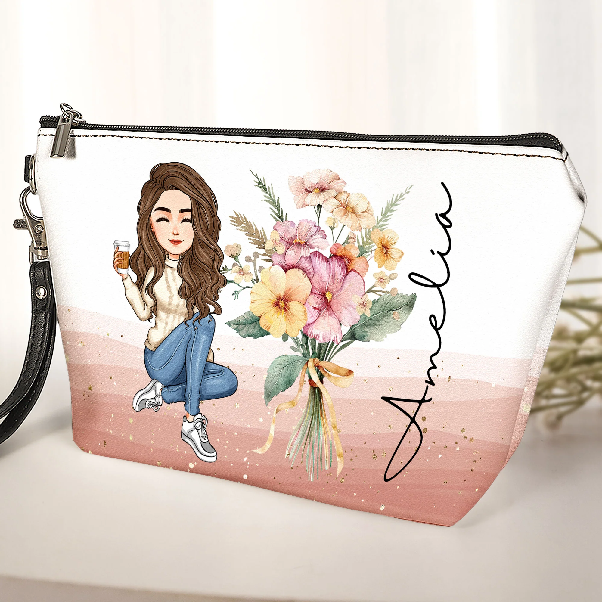 Custom Birth Flower - Gifts For Daughter, Sister, Friend, Mom - Personalized Cosmetic Bag - Image 2