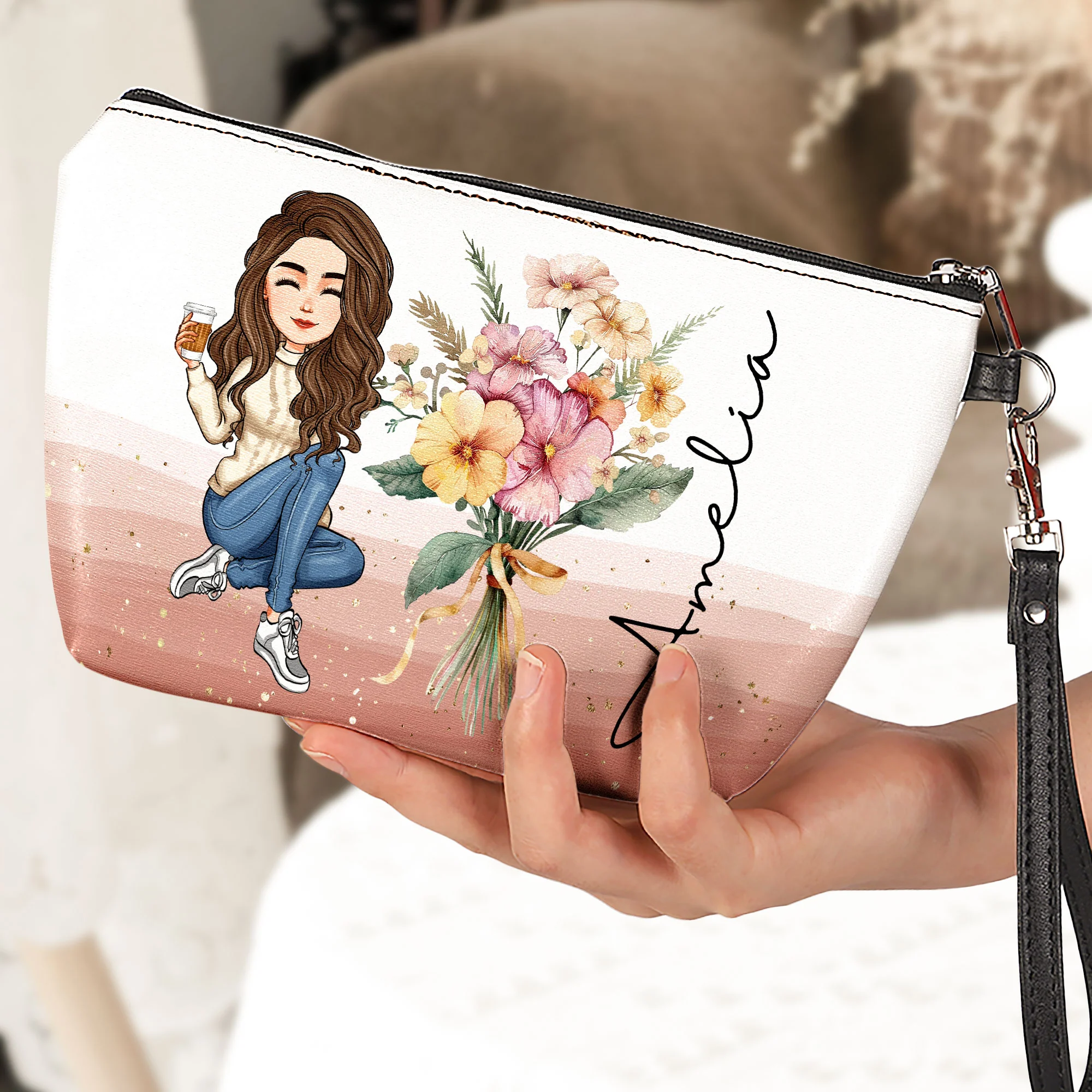 Custom Birth Flower - Gifts For Daughter, Sister, Friend, Mom - Personalized Cosmetic Bag - Image 3