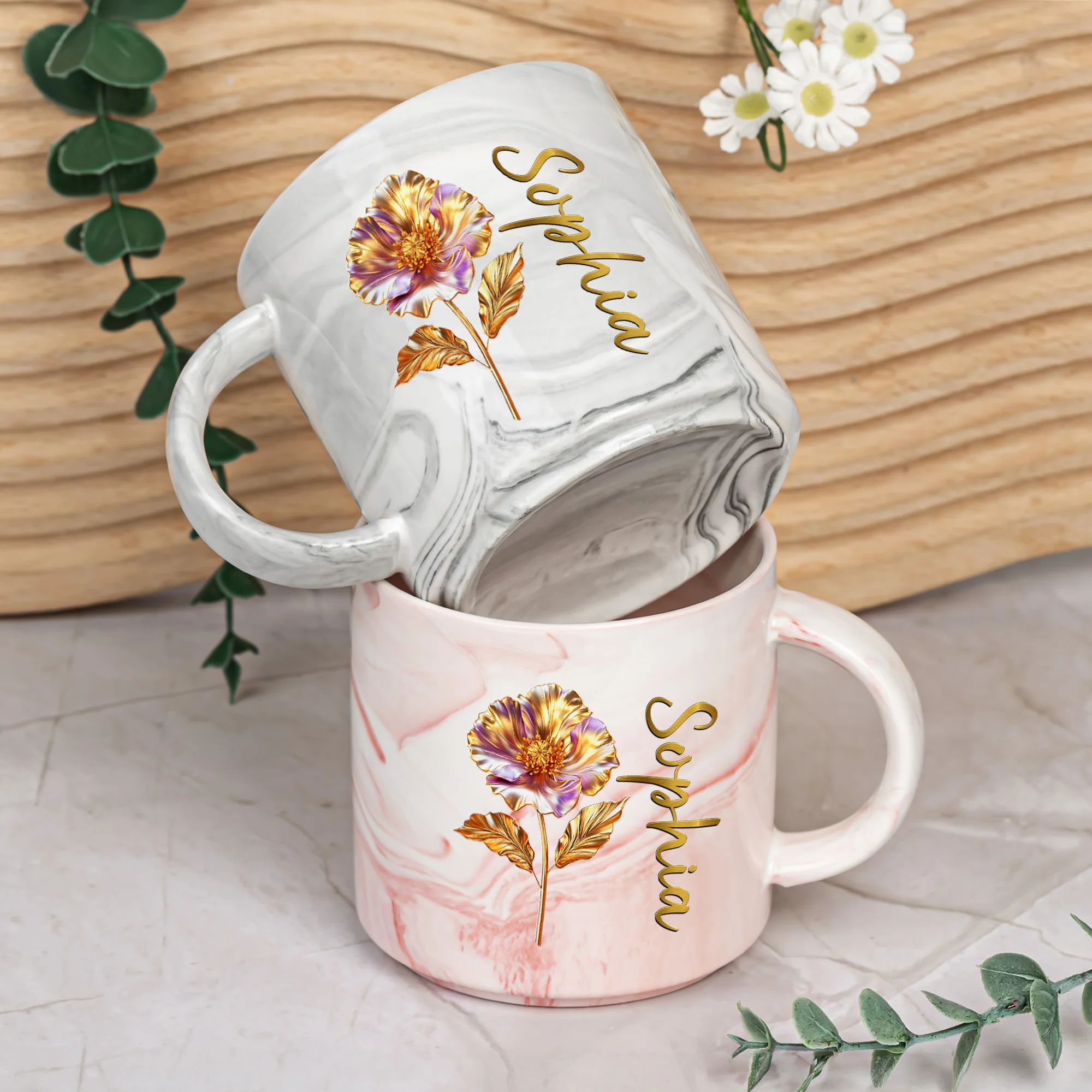 Custom Birth Flower - Gifts For Her, Daughters, Moms, Besties - Personalized Marble Mug - Image 3