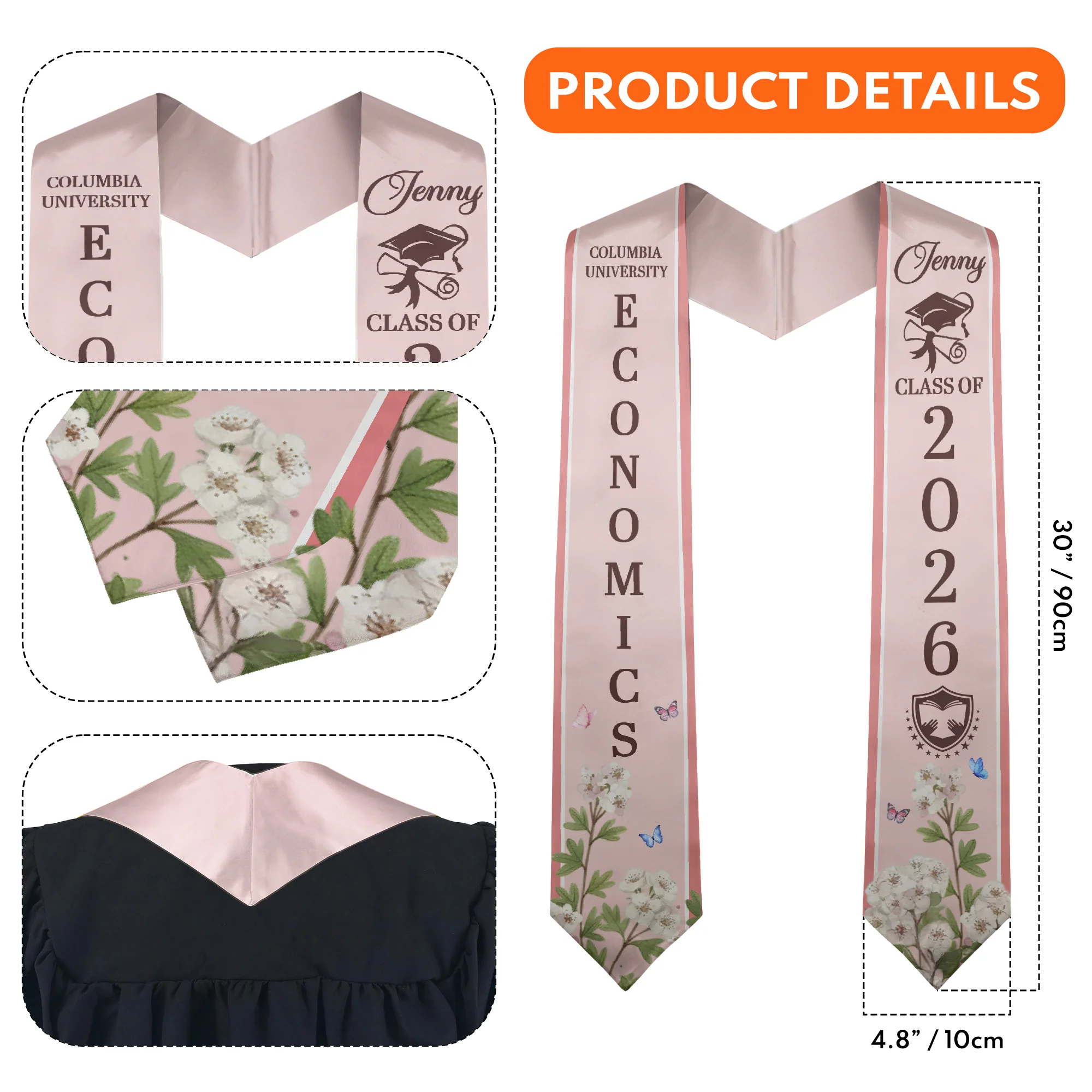 Custom Birth Flower Graduation Gift For Her, Sisters, Daughter, Friends - Personalized Graduation Stole - Image 5