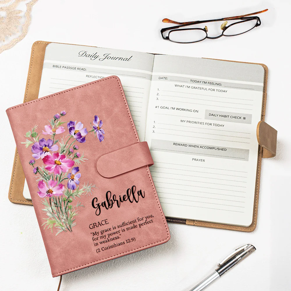 Custom Birth Flower Initial With Bible Verse - Personalized Leather Prayer Journal - Image 2