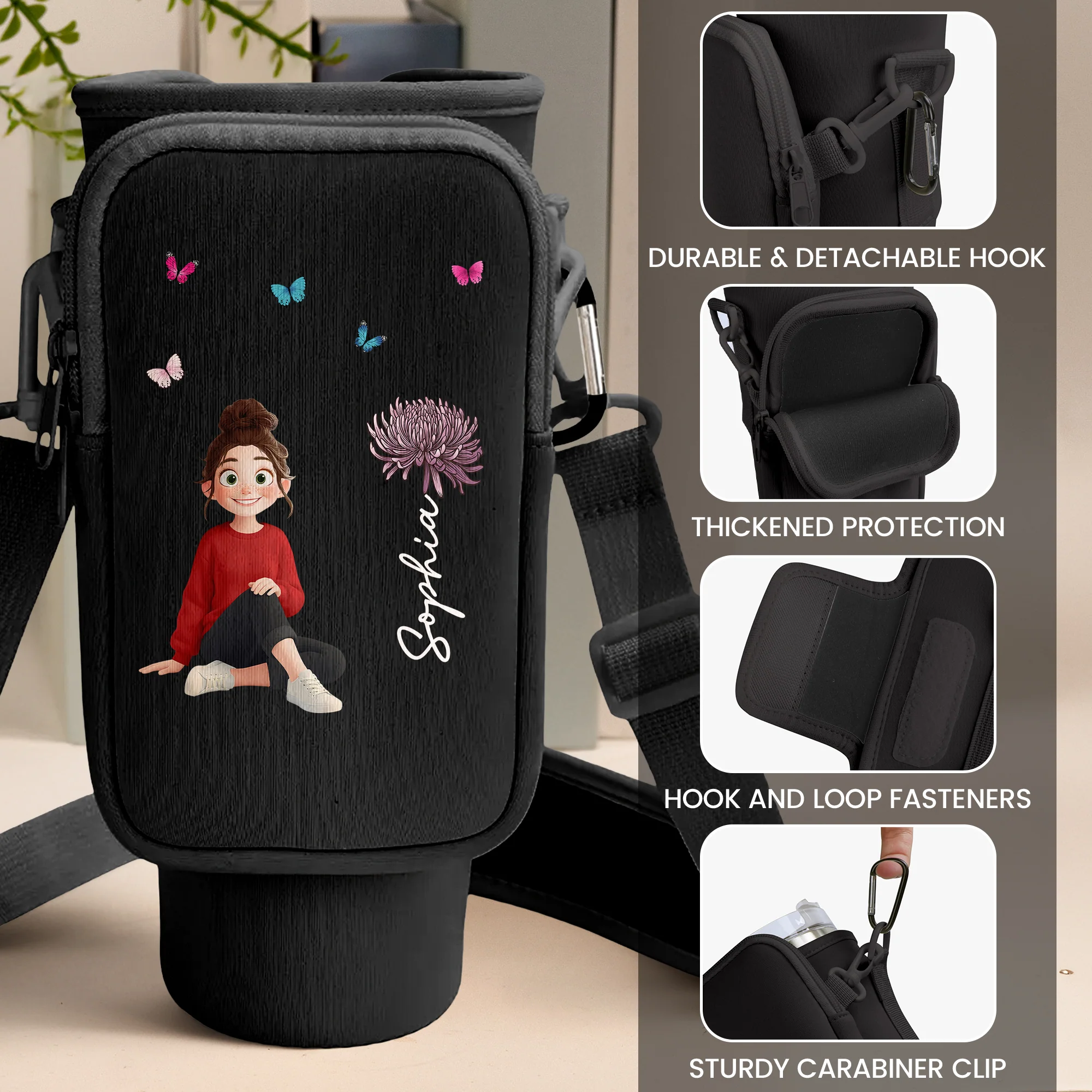 Custom Birth Flower, Name & Cute Character For Her - Custom Water Bottle Carrier Bag - Image 8