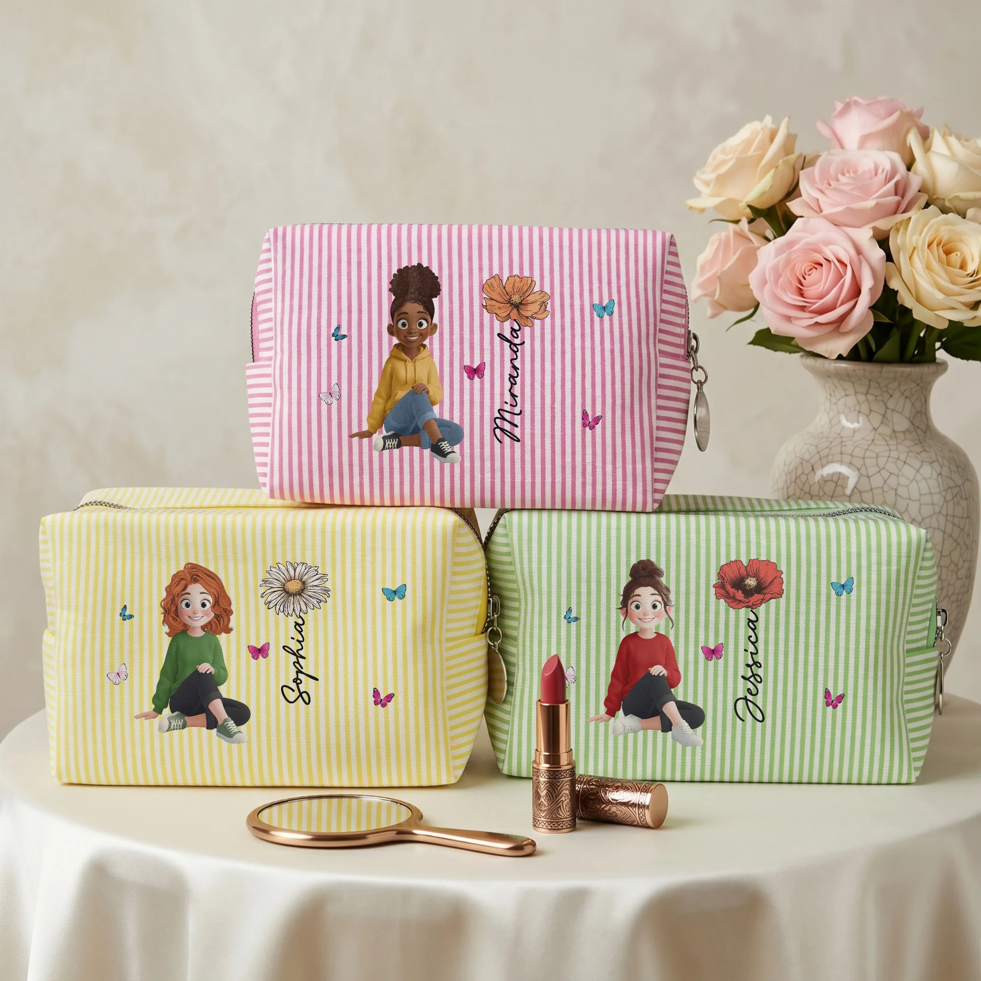 Custom Birth Flower, Name & Cute Character For Her - Personalized Makeup Bag - Image 2