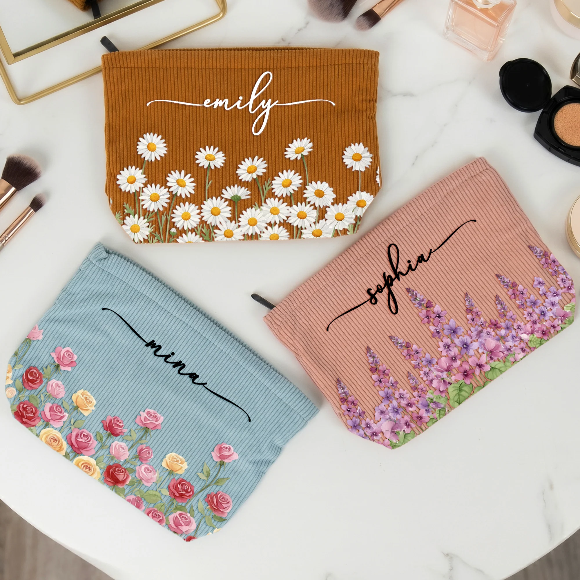 Custom Birth Flower & Name For Her, Coworker, Friends, Daughter - Personalized Makeup Bag - Image 3